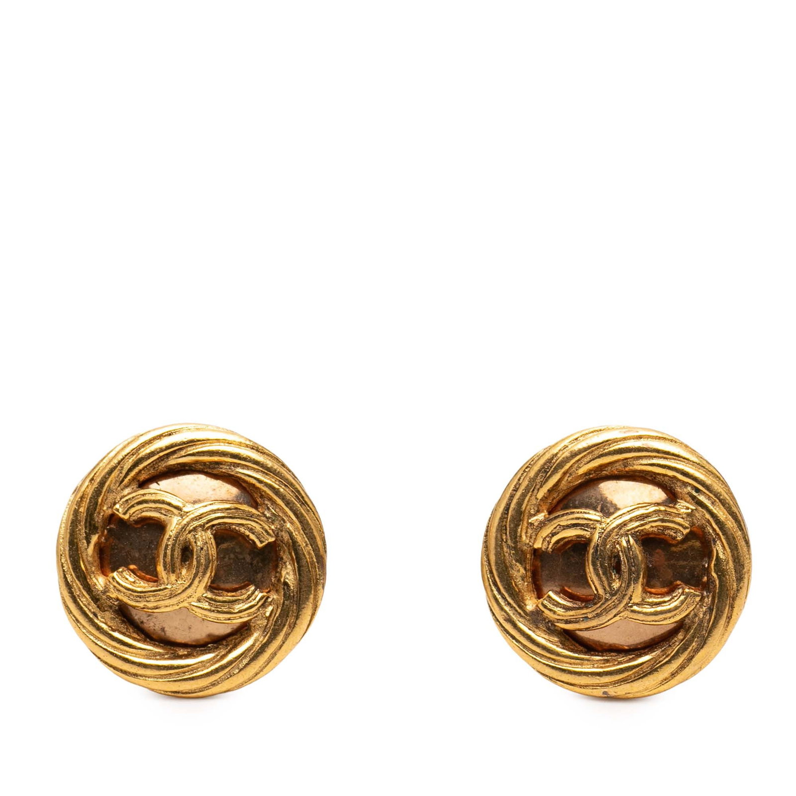 Chanel CC Logo Gold Tone Metal Clip Back Round Earrings: Chanel CC Logo Gold Tone Metal Clip Back Round Earrings These Chanel CC round clip-on earrings feature gold plated metal bodies with back clip-on closures. The earrings are designed in a classic gold 