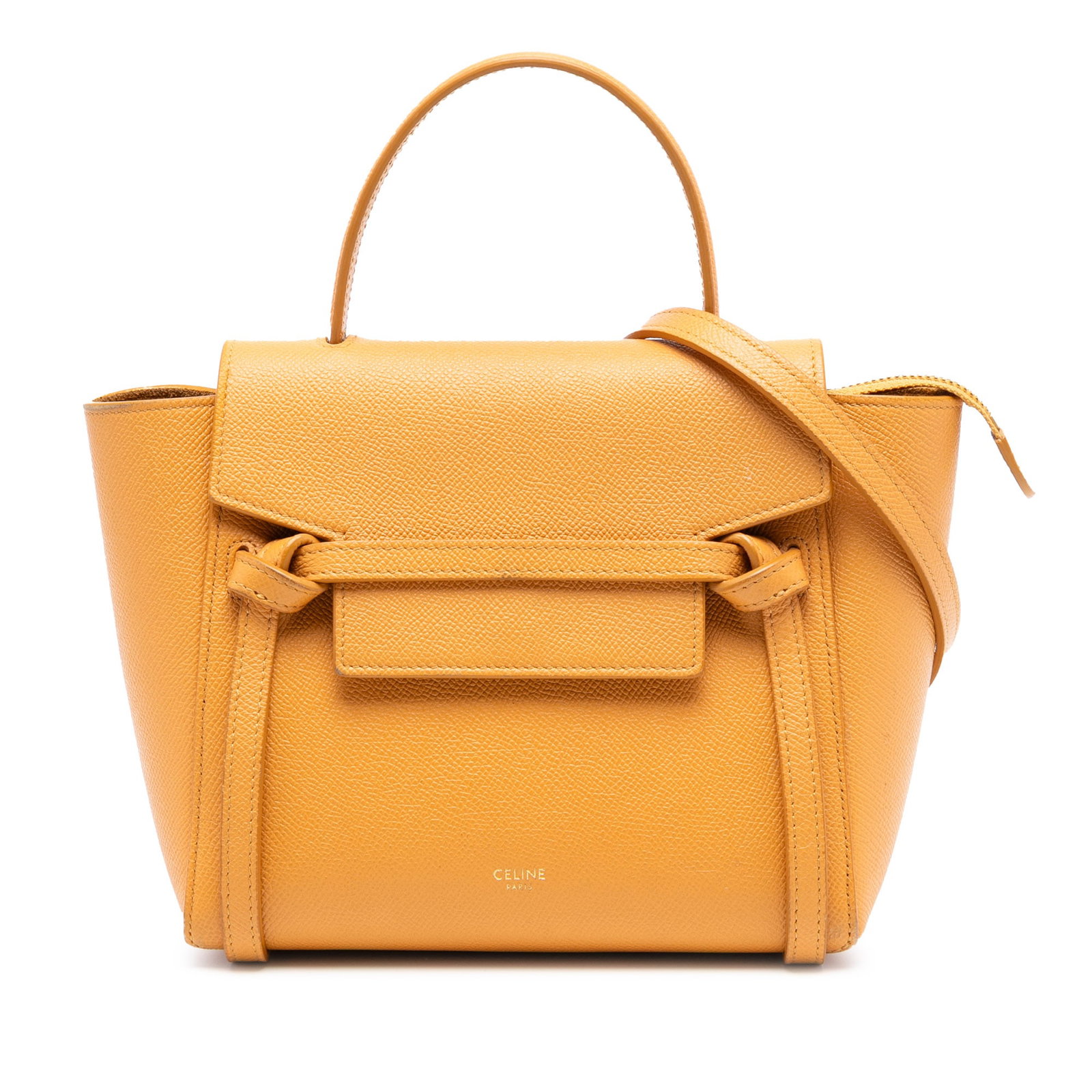 Celine Nano Belt Bag Yellow Grained Calfskin Leather Crossbody Handbag: Celine Nano Belt Bag Yellow Grained Calfskin Leather Crossbody Handbag This Celine Nano Grained Calfskin Belt Bag features a structured leather body in a vibrant yellow color, complemented by a flat l