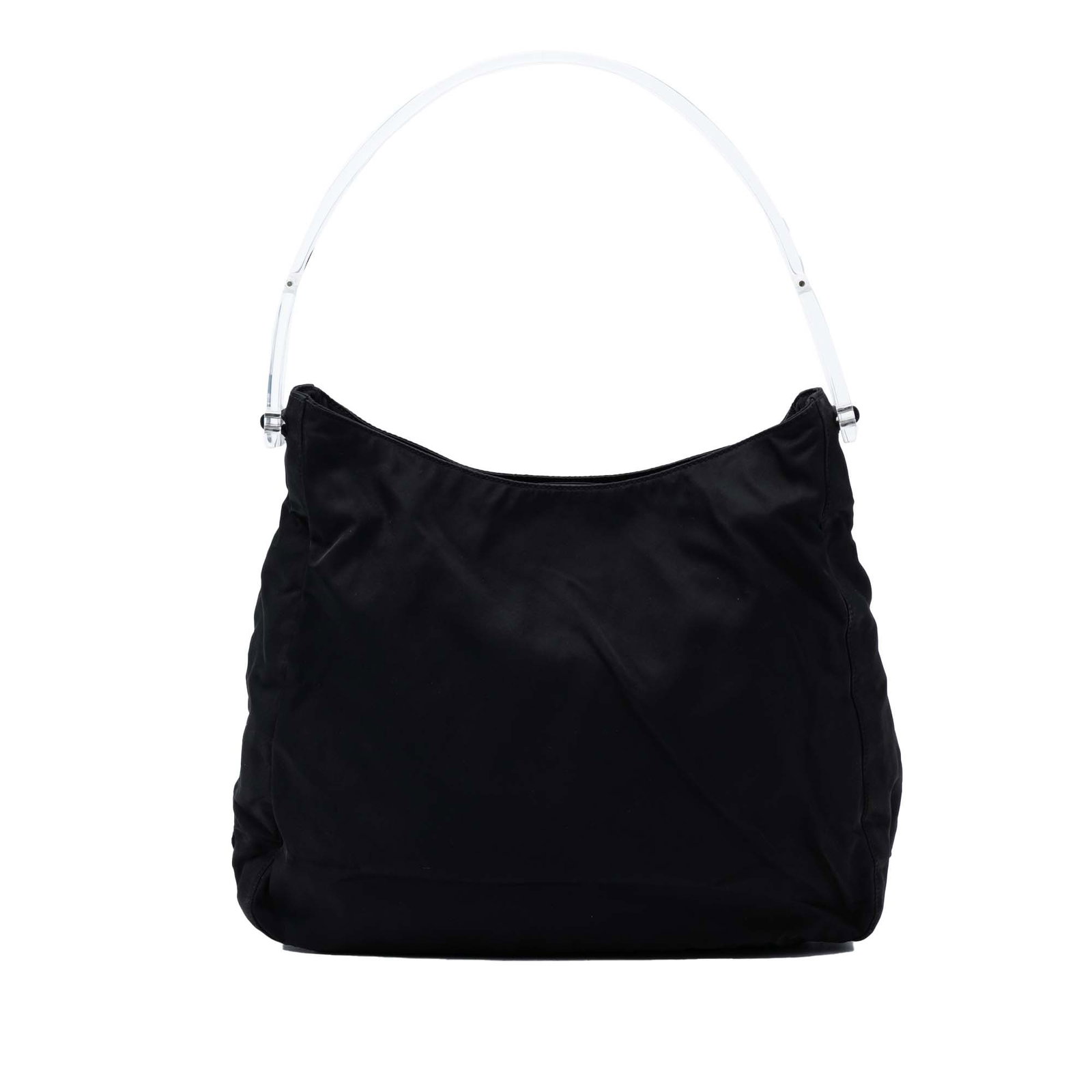 Prada Tessuto Shoulder Bag with Acrylic Top Handle Black: Prada Tessuto Shoulder Bag with Acrylic Top Handle Black This Prada Tessuto shoulder bag features a black nylon body with a plastic top handle, an open top, and an interior zip pocket. The bag is desi