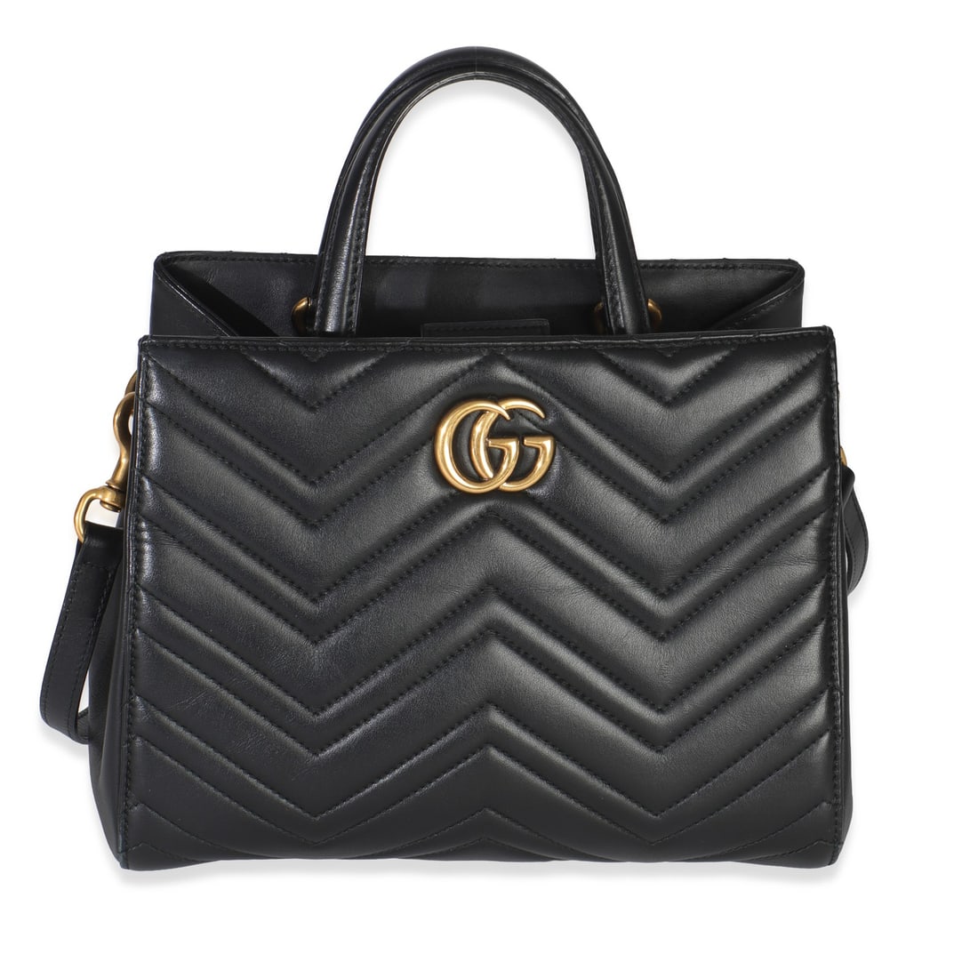 Gucci Small Marmont Black Leather Top Handle Tote with Removable Strap: Gucci Small Marmont Black Leather Top Handle Tote with Removable Strap This Gucci Small Marmont Top Handle Tote is crafted from black matelasse calfskin leather and features a structured silhouette. T