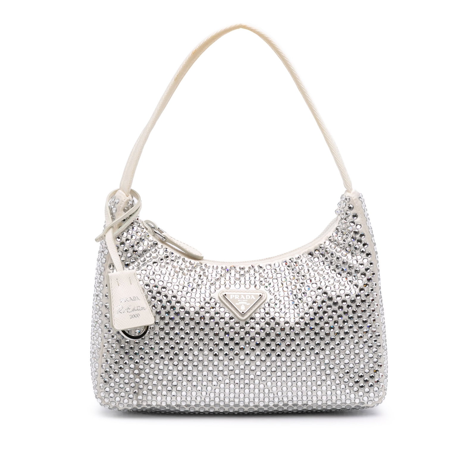 Prada Re-Edition 2000 Mini White Crystal Satin Shoulder Bag: Prada Re-Edition 2000 Mini White Crystal Satin Shoulder Bag This Prada Mini Satin Crystal Re-Edition 2000 Shoulder Bag features a crystal-embellished satin exterior in white, complemented by a flat ny