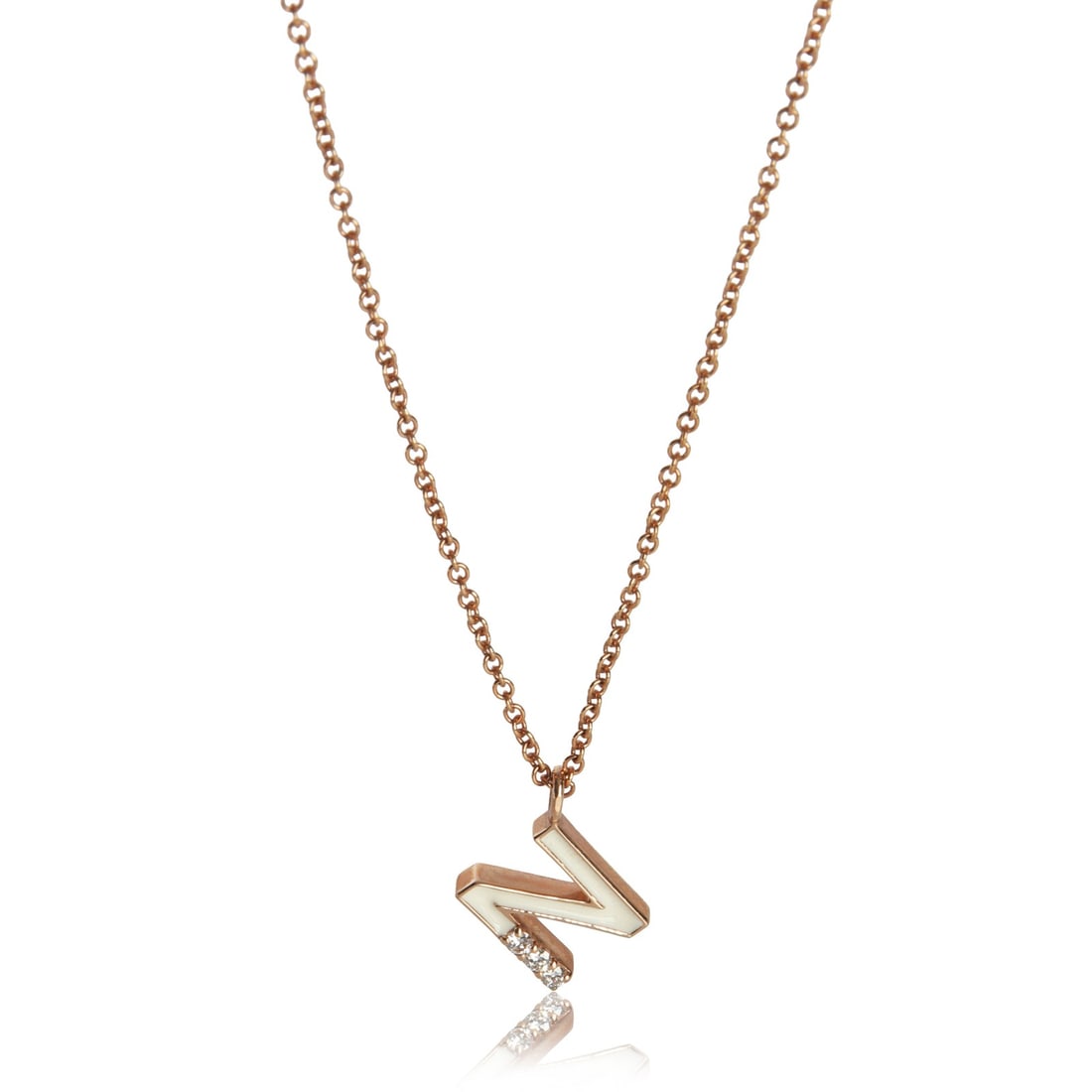 Mini Cream Enamel N Initial Pendant in 14K Rose Gold with Diamonds: Mini Cream Enamel N Initial Pendant in 14K Rose Gold with Diamonds This women's pendant features a round brilliant design with a cream enamel initial 'N' at the center. Crafted from 14K rose gold, it 