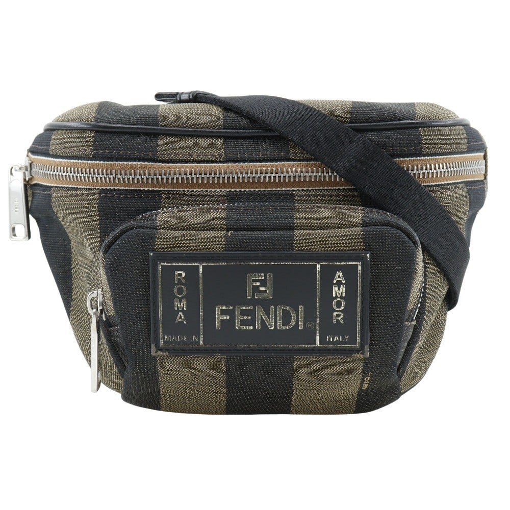 Fendi Unisex Waist Bag in Brown Nylon with Front Pocket: Fendi Unisex Waist Bag in Brown Nylon with Front Pocket This Fendi Front Pocket Waist Bag is crafted from brown nylon with Pequin canvas accents, designed for unisex use. It features a compact design 