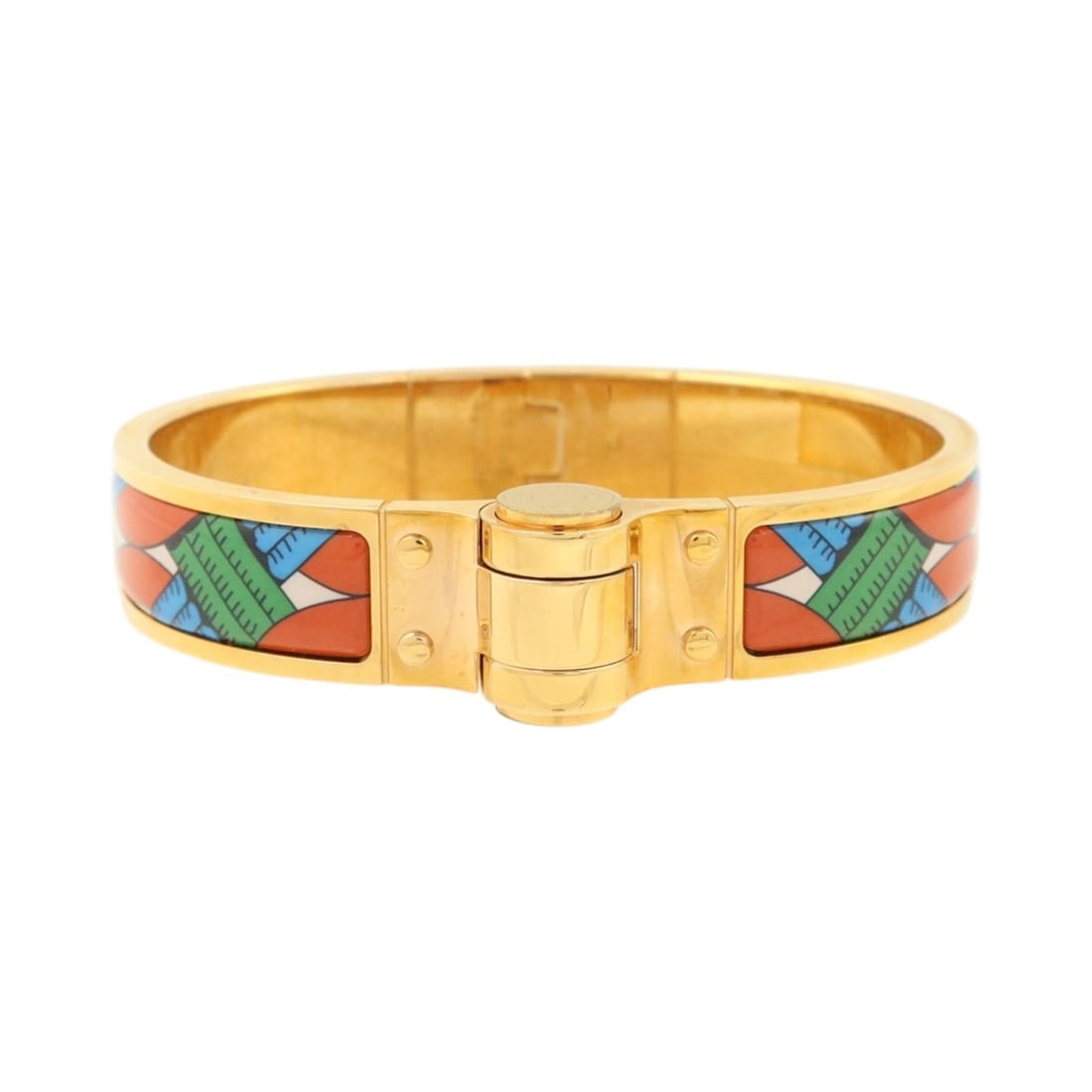 Hermes Charniere Narrow Enamel Bangle with Gold Hardware Red Multicolor: Hermes Charniere Narrow Enamel Bangle with Gold Hardware Red Multicolor This Hermes Charniere narrow bangle features vibrant red enamel with multicolor accents. Crafted with enamel and metal, it is de
