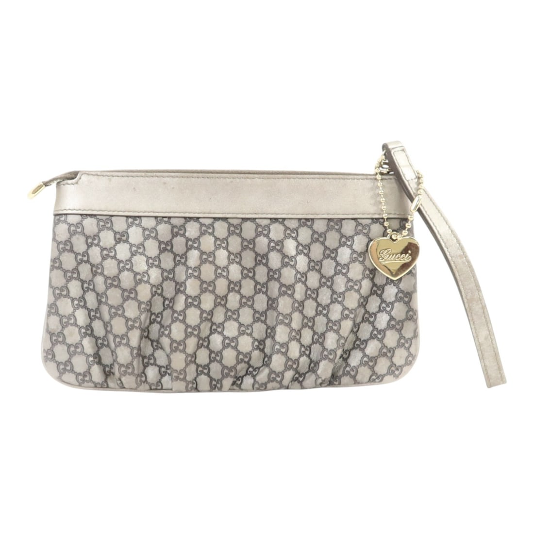 Gucci Silver Calfskin GG Pouch with Gold Hardware Clutch: Gucci Silver Calfskin GG Pouch with Gold Hardware Clutch This Gucci pouch clutch is crafted from calfskin leather in a striking silver color. Designed for women, it features a regular size profile and