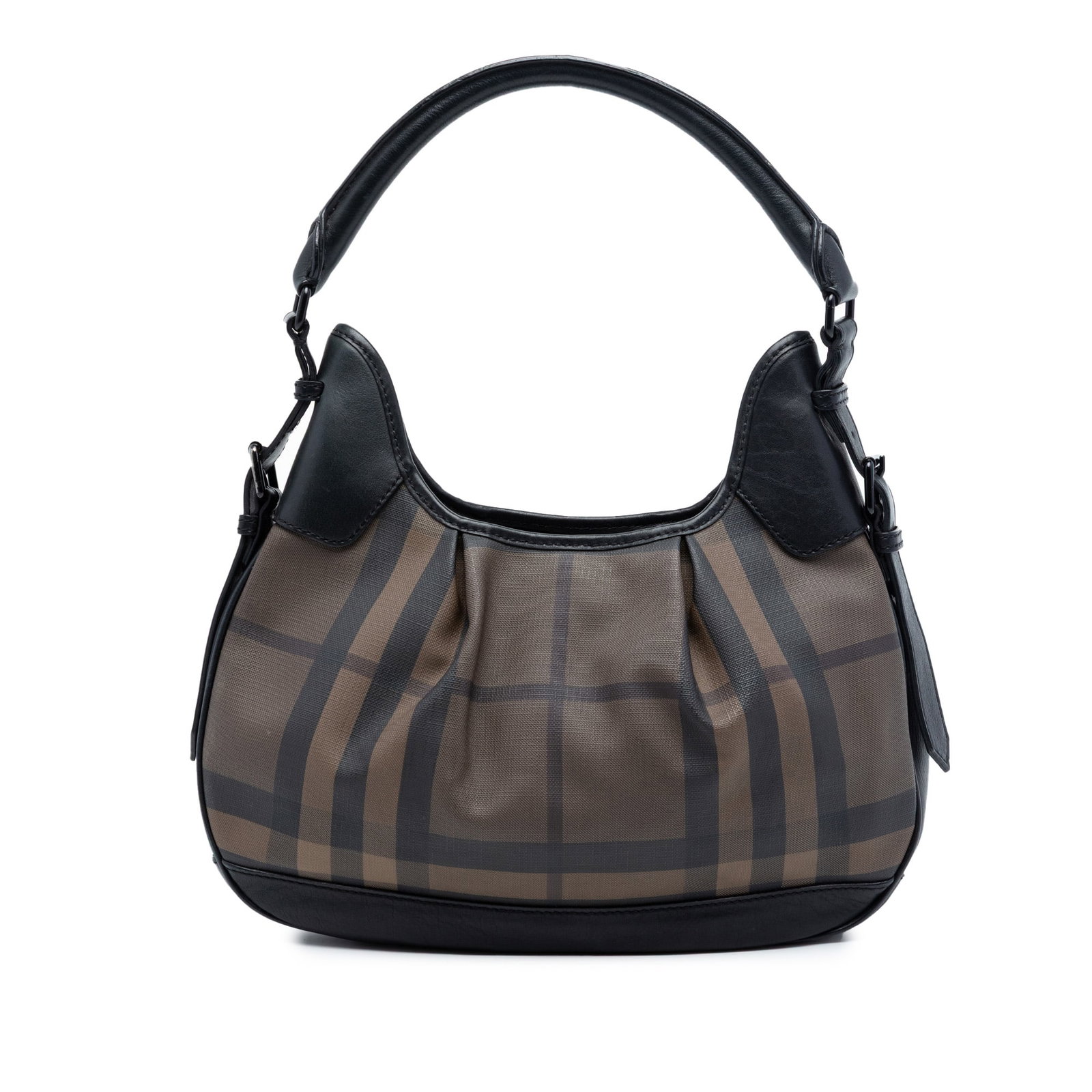 Brooklyn Hobo Bag in Smoked Check Coated Canvas with Leather Trim: Brooklyn Hobo Bag in Smoked Check Coated Canvas with Leather Trim This Burberry Brooklyn Hobo features the iconic smoked check pattern on a coated canvas body, complemented by leather trim and a rolle