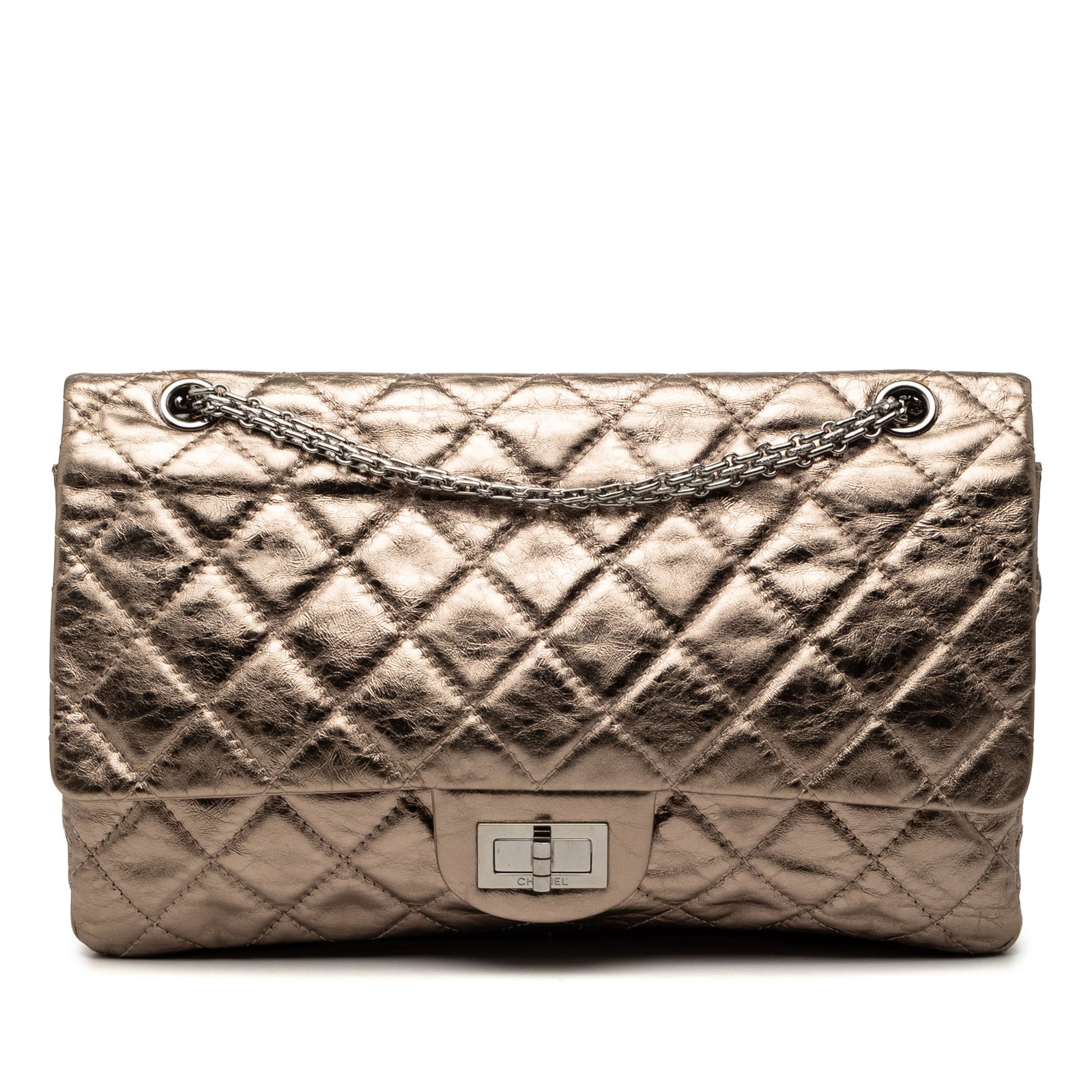 Chanel Reissue 2.55 227 Double Flap Gold Aged Calfskin Shoulder Bag: Chanel Reissue 2.55 227 Double Flap Gold Aged Calfskin Shoulder Bag This Chanel Metallic Aged Calfskin Reissue 2.55 Double Flap 227 shoulder bag features a gold-tone aged calfskin leather exterior wit