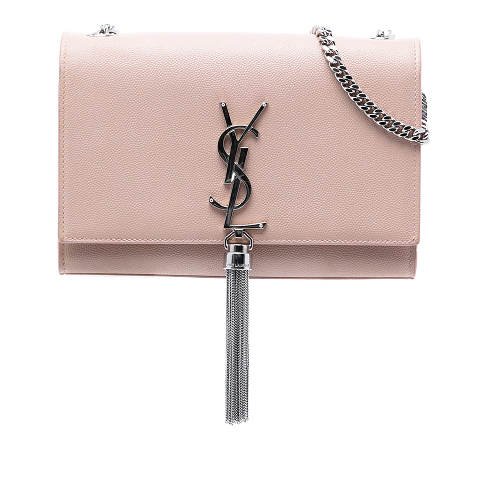 Pink Leather Kate Tassel Crossbody Bag by Saint Laurent Small Monogram: Pink Leather Kate Tassel Crossbody Bag by Saint Laurent Small Monogram This Saint Laurent Small Grain de Poudre Monogram Kate Tassel Crossbody features a pink leather body with a distinctive tassel de