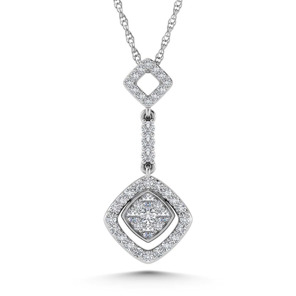 14K White Gold Diamond 1/4.Ct. Tw. Fashion Pendant: 14K White Gold Diamond 1/4.Ct. Tw. Fashion Pendant 14k White Gold Stone Color: G-h Stone Clarity: Si3 Unless otherwise specified, pendants that include a chain are paired with our standard 18-inch len
