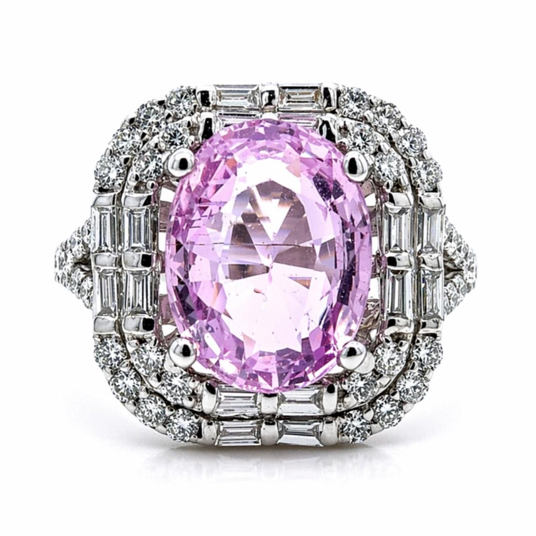 GIA Certified 3.58 Ct No-Heat Pink Sapphire Diamond Ring in 18K White Gold: GIA Certified 3.58 Ct No-Heat Pink Sapphire Diamond Ring in 18K White Gold This elegant ring is crafted in 18K white gold and features a GIA certified 3.58 carat no-heat pink sapphire as the centerpie