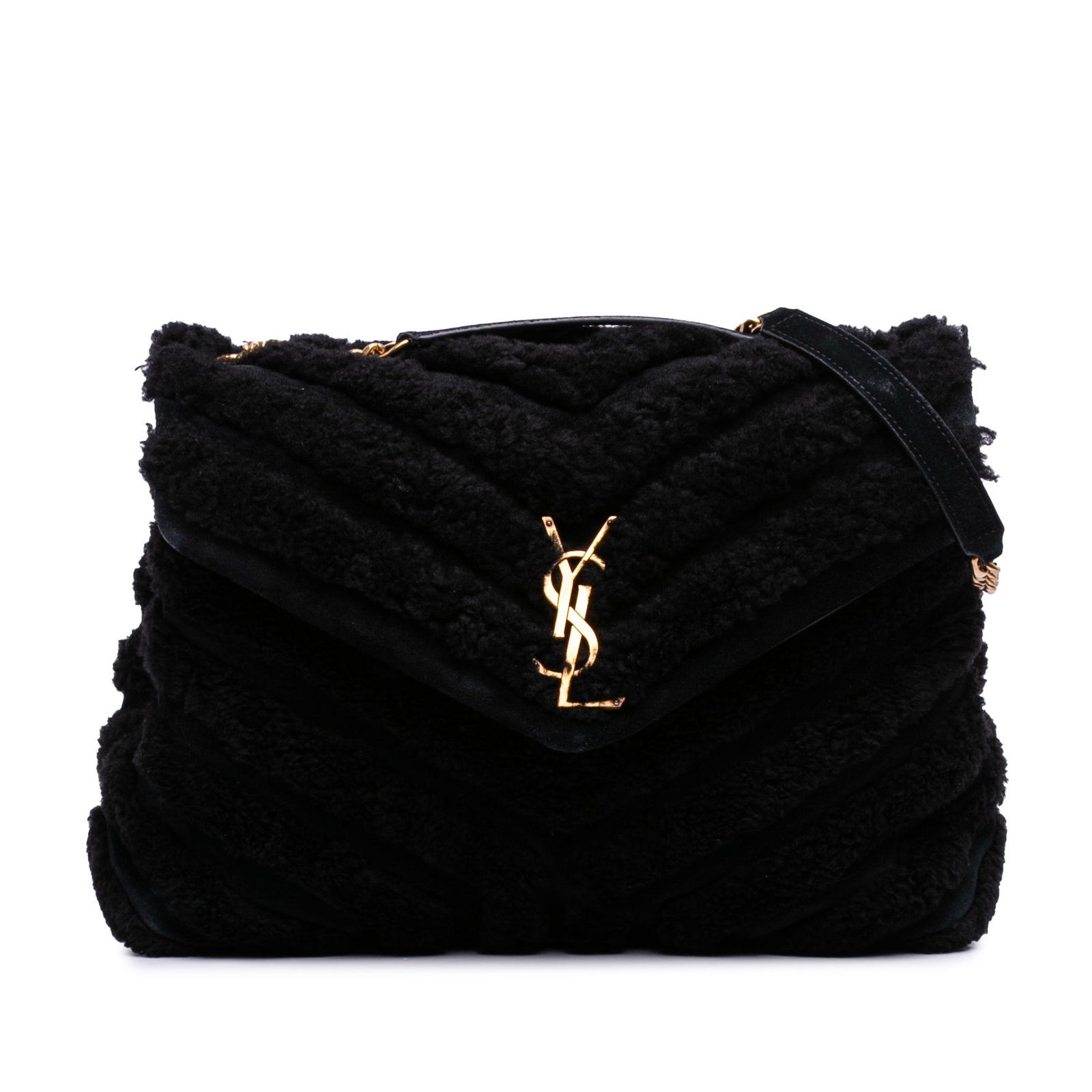 Saint Laurent Loulou Medium Black Shearling Chain Strap Shoulder Bag: Saint Laurent Loulou Medium Black Shearling Chain Strap Shoulder Bag This Saint Laurent Medium Shearling Loulou Shoulder Bag features a shearling body with chain link shoulder straps and leather guard