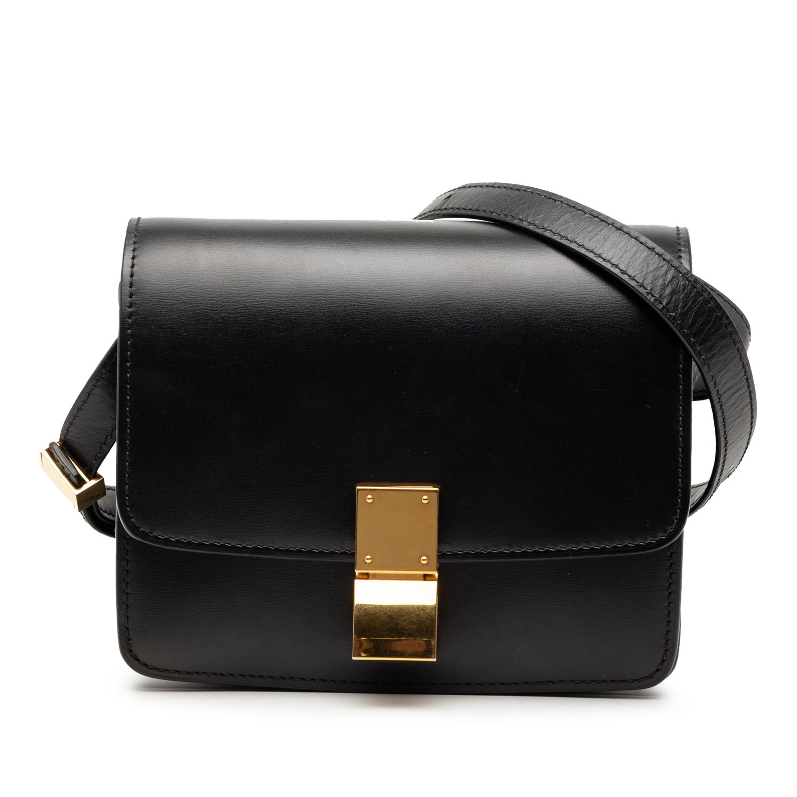 Celine Classic Box Small Black Leather Crossbody Bag: Celine Classic Box Small Black Leather Crossbody Bag This Celine Small Calfskin Classic Box crossbody bag features a black leather body with a flat leather strap, a front flap with a push lock closure