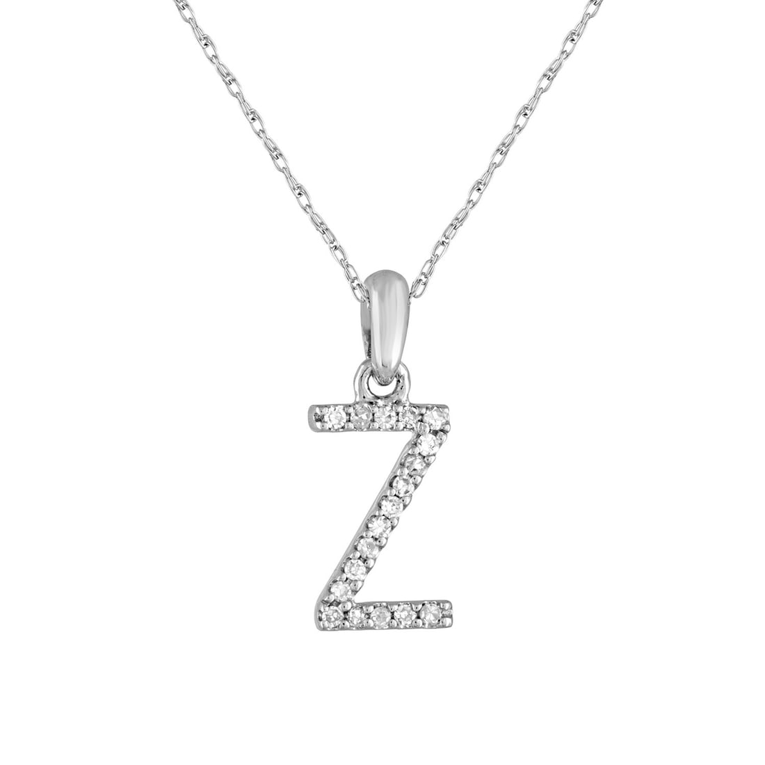Diamond Z Initial Necklace in 14k White Gold: Diamond Z Initial Necklace in 14k White Gold This women's necklace features a round pendant crafted from 14k white gold, adorned with white diamonds in an initial 'Z' design. The diamonds have a total
