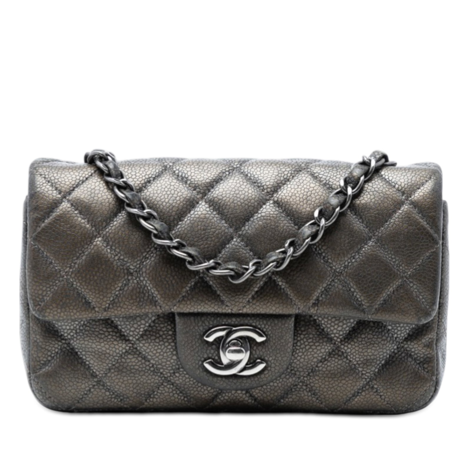 Chanel Gray Quilted Metallic Caviar Leather Mini Flap Shoulder Bag: Chanel Gray Quilted Metallic Caviar Leather Mini Flap Shoulder Bag This Chanel Mini Rectangular Classic Metallic Caviar Single Flap bag features a quilted caviar leather exterior in gray with a metall