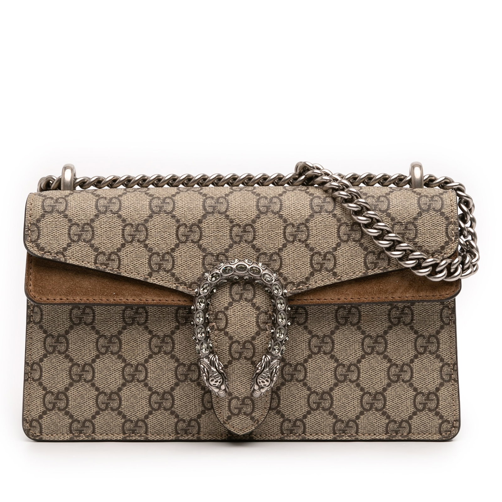 Gucci Dionysus Medium GG Supreme Coated Canvas Crossbody Bag With Suede Trim: Gucci Dionysus Medium GG Supreme Coated Canvas Crossbody Bag With Suede Trim This Gucci Medium GG Supreme Dionysus crossbody features a coated canvas exterior with suede leather trim, a chain link sho