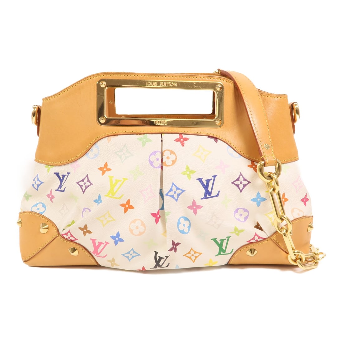 Louis Vuitton Judy MM Multicolore Monogram Shoulder Bag White GHW M40255: Louis Vuitton Judy MM Multicolore Monogram Shoulder Bag White GHW M40255 This Louis Vuitton Judy MM is a versatile 2-way shoulder bag crafted from PVC coated canvas in a white Monogram Multicolore pat