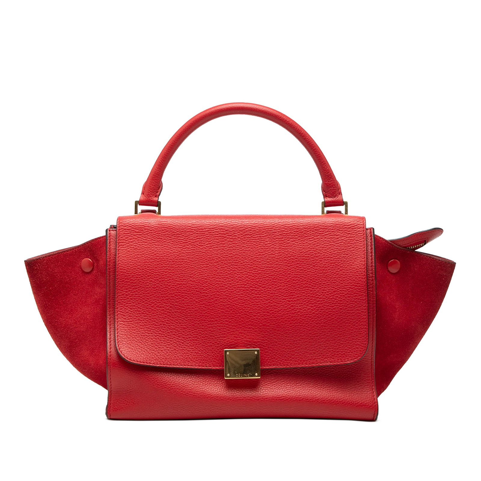 Celine Trapeze Small Satchel in Drummed Calfskin with Suede Panels: Celine Trapeze Small Satchel in Drummed Calfskin with Suede Panels This Celine Small Drummed Calfskin and Suede Trapeze Satchel features a leather body with suede side panels, a rolled leather top han