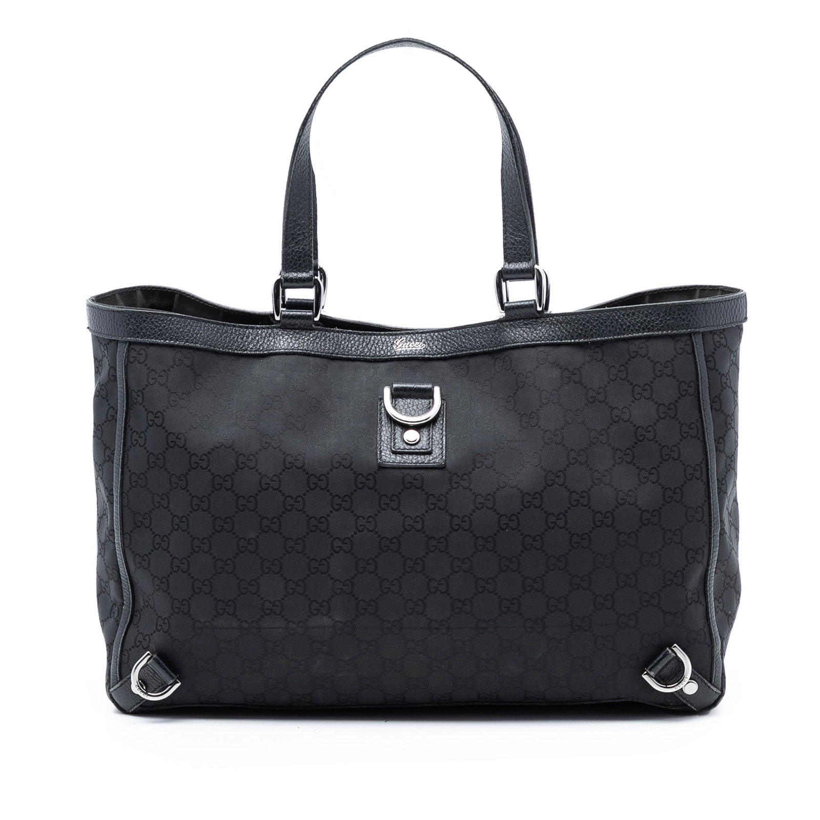 Gucci Abbey D-Ring Black Canvas Tote Bag with Leather Trim: Gucci Abbey D-Ring Black Canvas Tote Bag with Leather Trim This Gucci GG Canvas Abbey D Ring Tote features a canvas body with leather trim, flat leather straps, an open top with magnetic closure, and 