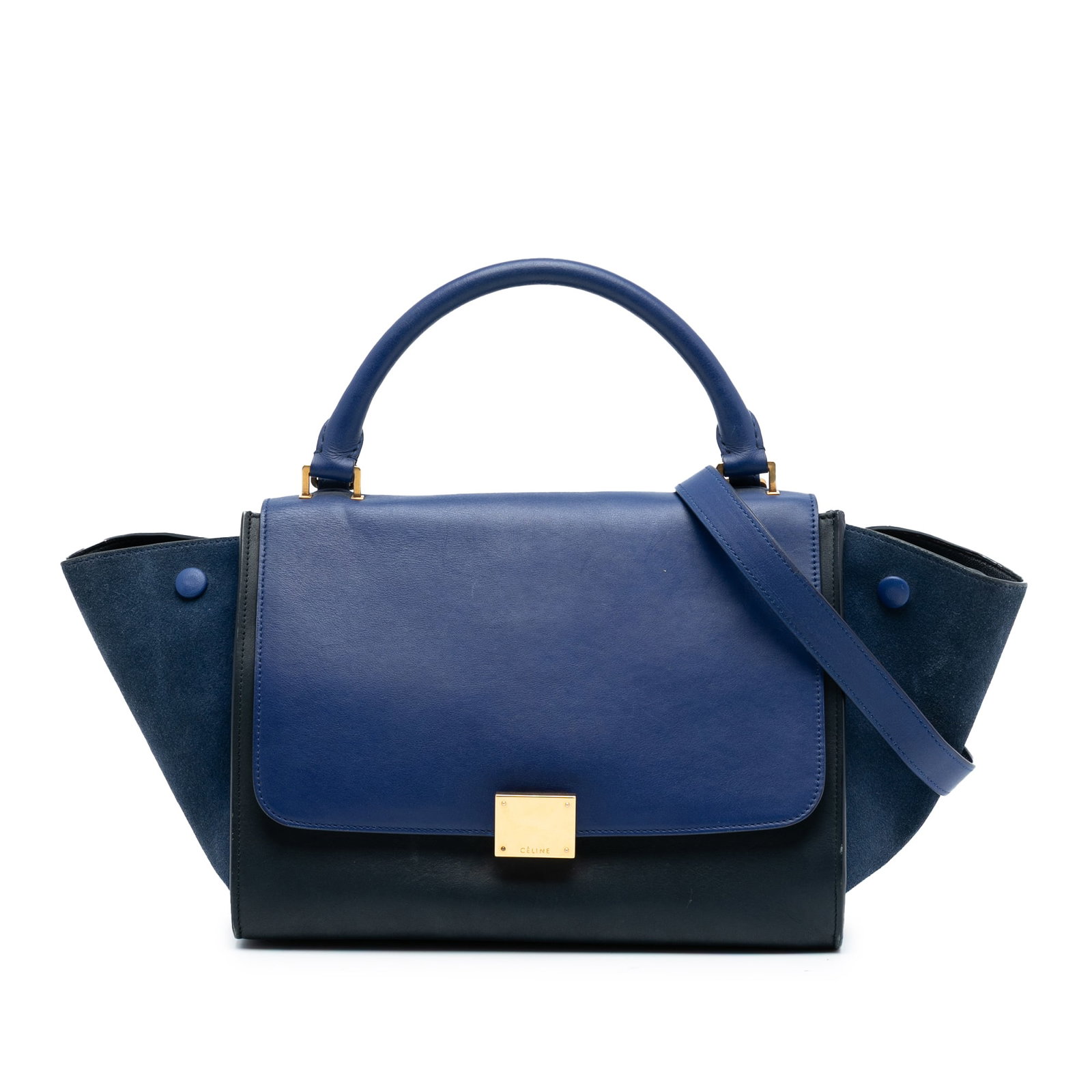 Celine Trapeze Small Satchel in Bicolor Calfskin and Suede Leather: Celine Trapeze Small Satchel in Bicolor Calfskin and Suede Leather This Celine Small Bicolor Calfskin and Suede Trapeze Satchel features a leather body with contrasting suede side panels, a rolled top