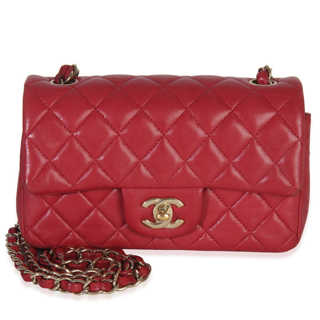 Chanel Mini Flap Bag Pink Quilted Lambskin Gold Tone Shoulder Purse: Chanel Mini Flap Bag Pink Quilted Lambskin Gold Tone Shoulder Purse This Chanel Mini Rectangle Flap Bag features a dark pink quilted lambskin leather exterior with matching pink leather lining. The ba