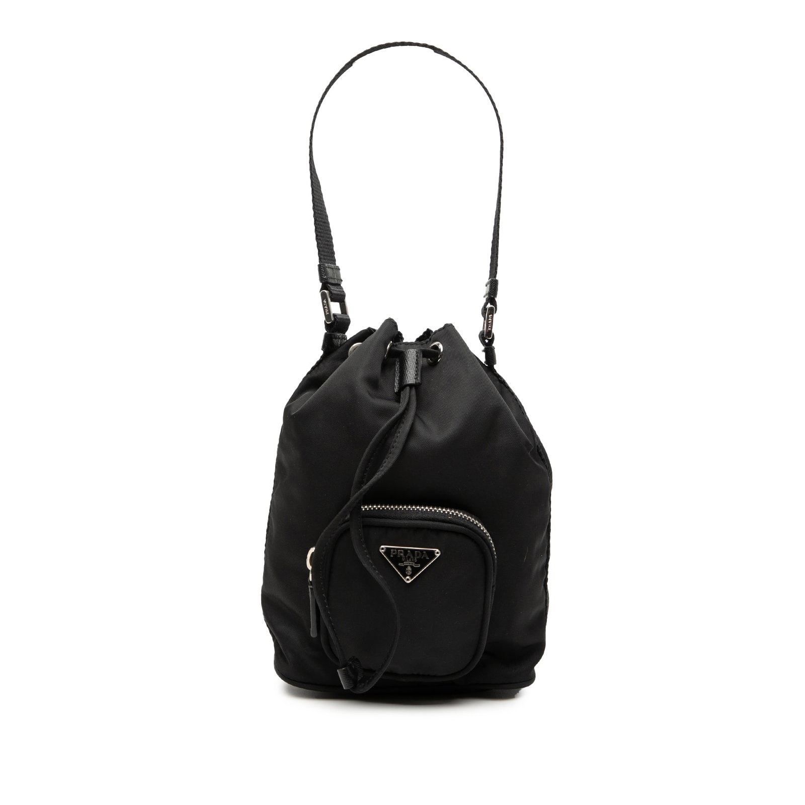 Prada Mini Tessuto Black Nylon Drawstring Bucket Bag: Prada Mini Tessuto Black Nylon Drawstring Bucket Bag This Prada Mini Tessuto Drawstring Bucket Bag features a black nylon body with a flat handle, a top drawstring closure, and an exterior front zip p