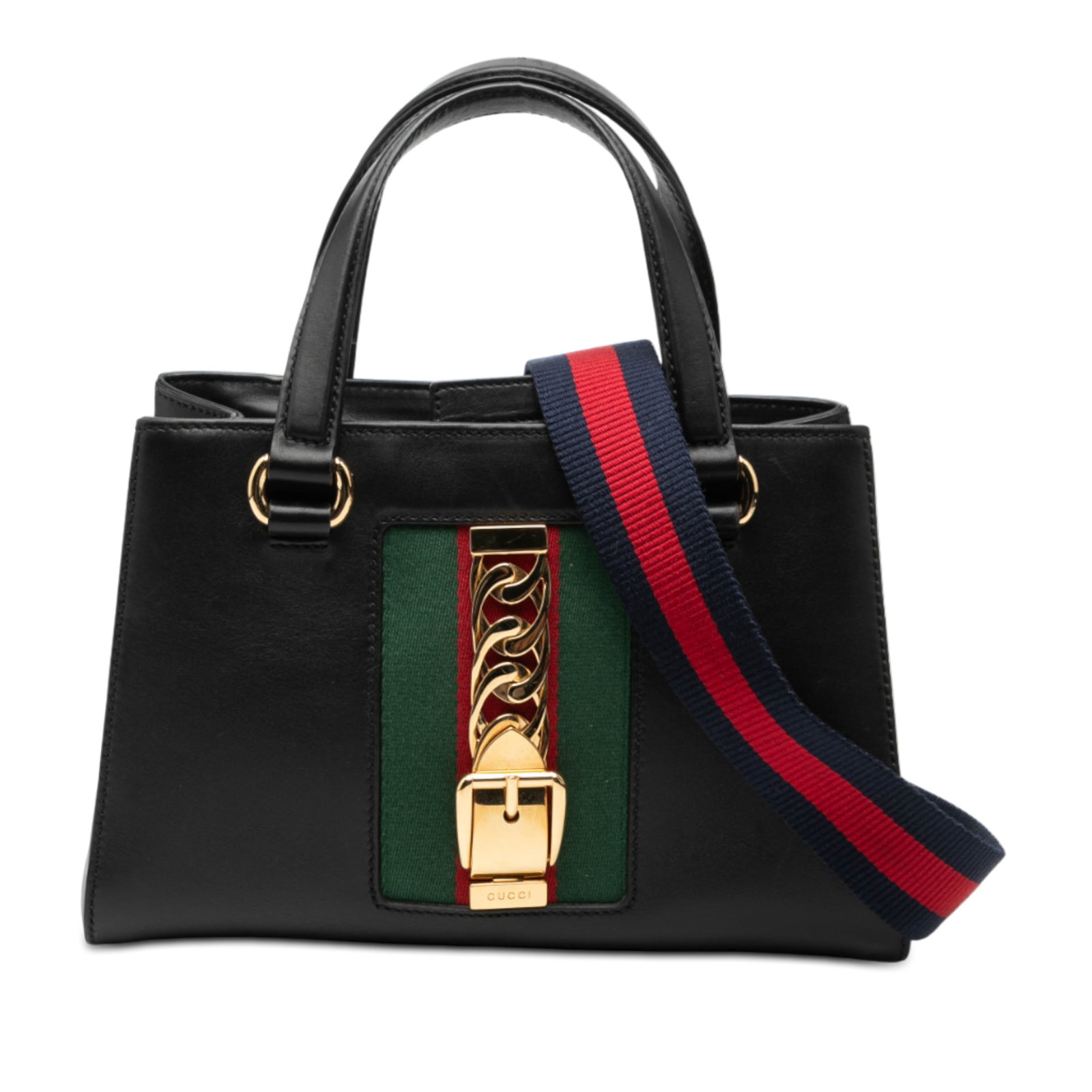 Gucci Sylvie Web Black Leather Satchel with Top Handle and Strap: Gucci Sylvie Web Black Leather Satchel with Top Handle and Strap This Gucci Sylvie Web Top Handle Satchel features a black leather body, flat leather handles, and a detachable shoulder strap. It is de