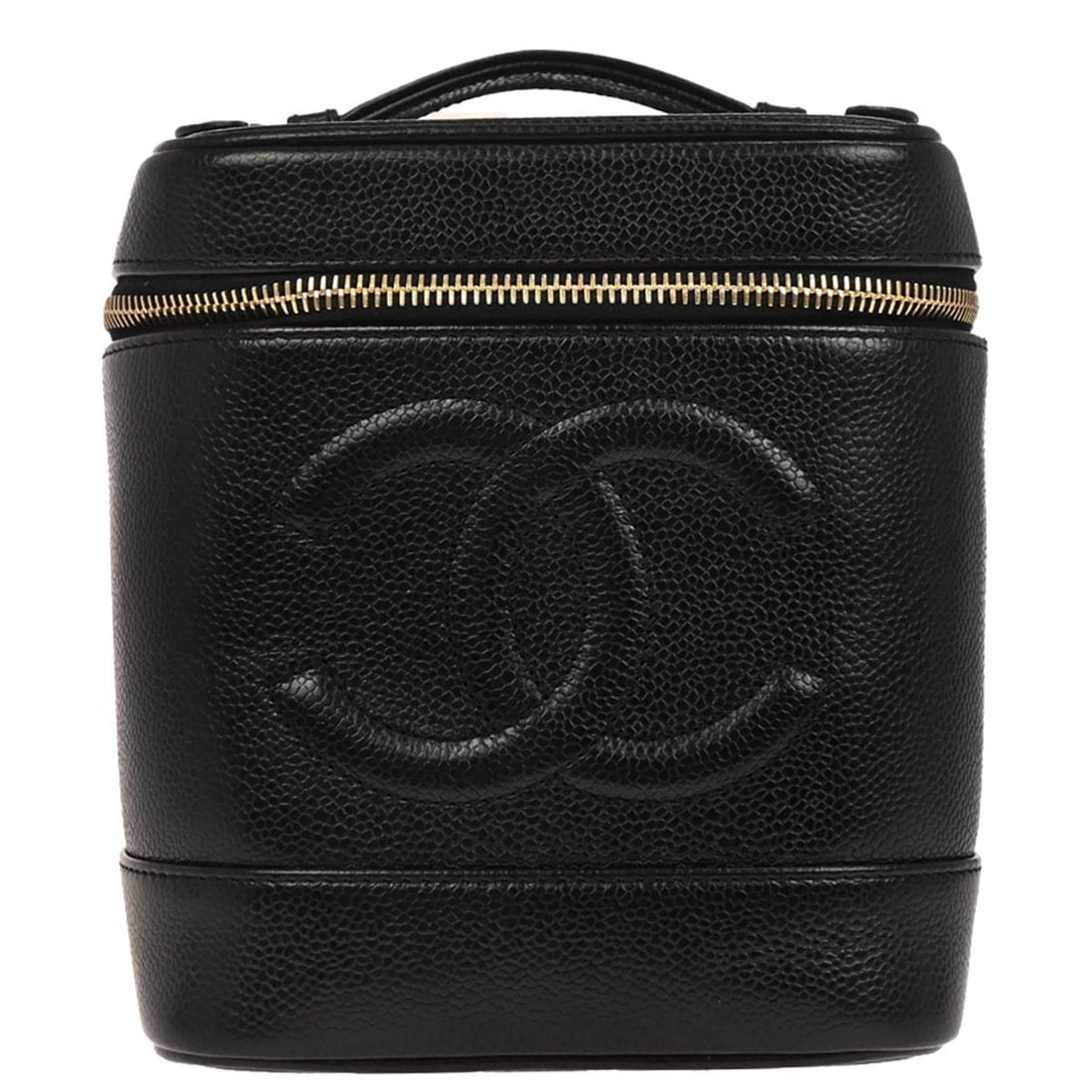 Black Caviar Leather Chanel Vanity Top Handle Cosmetic Bag: Black Caviar Leather Chanel Vanity Top Handle Cosmetic Bag This Chanel Timeless Vanity handbag is crafted from black caviar skin leather and features a structured top handle design. The bag is medium-