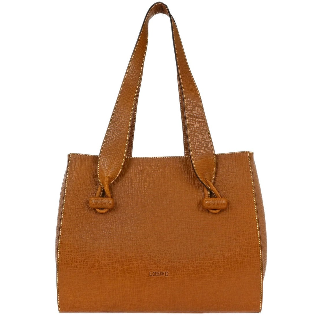 Loewe Anagram Brown Leather Tote with Drawstring: Loewe Anagram Brown Leather Tote with Drawstring This Loewe brown leather tote bag features a medium-sized silhouette with a drawstring closure and inner pockets for organized storage. Crafted from qu