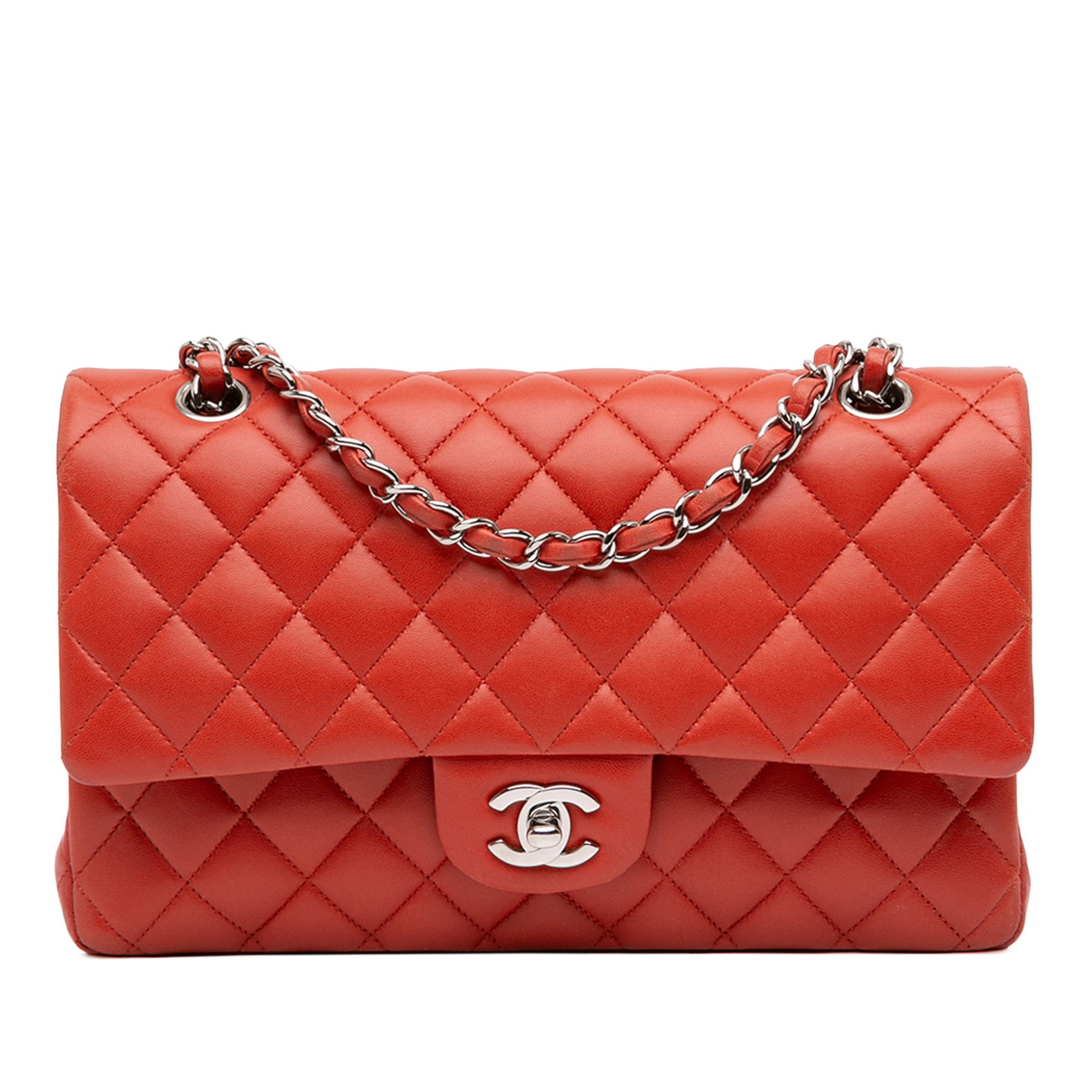 Chanel Orange Quilted Lambskin Medium Double Flap Shoulder Bag: Chanel Orange Quilted Lambskin Medium Double Flap Shoulder Bag This Chanel Medium Classic Double Flap bag is crafted from quilted lambskin leather in orange. It features chain shoulder straps, a back 