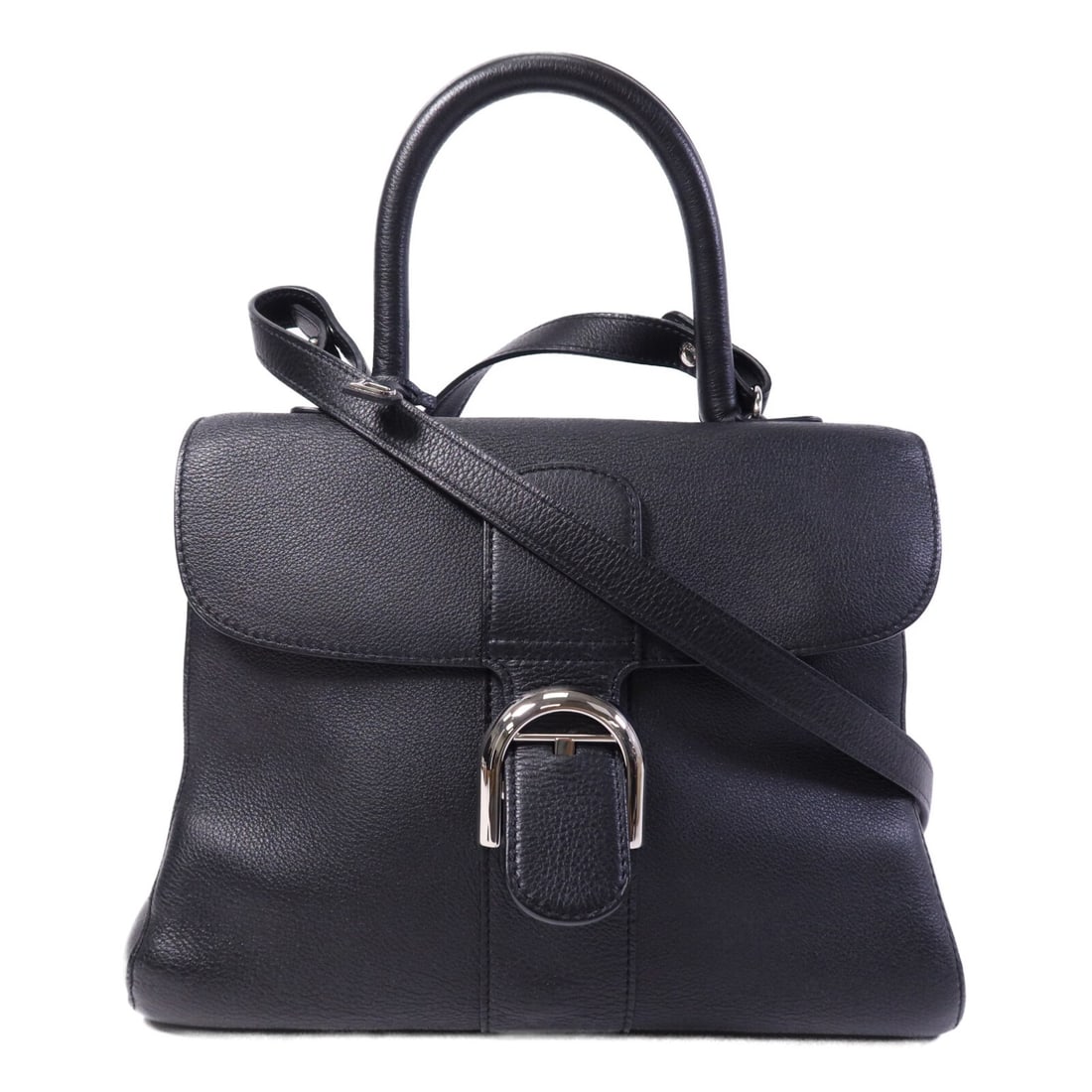 Black Delvaux Brillant MM Calfskin Shoulder Bag with Silver Hardware: Black Delvaux Brillant MM Calfskin Shoulder Bag with Silver Hardware This Delvaux Brillant MM is a versatile 2-way shoulder bag crafted from black calfskin leather. Designed for women, it features a c