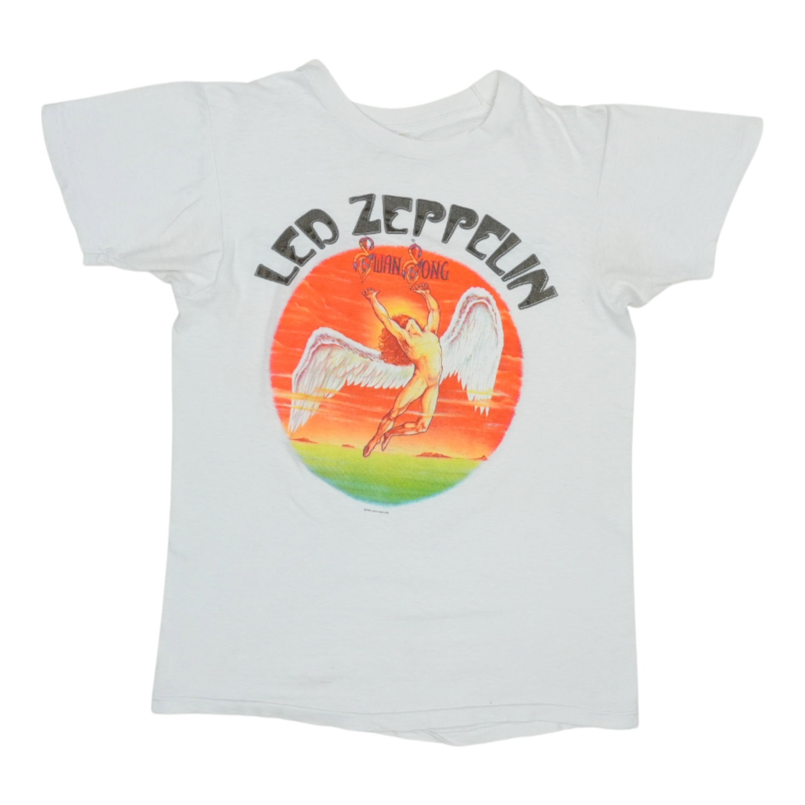 Vintage 1984 Led Zeppelin Swan Song Graphic Cotton Shirt White: Vintage 1984 Led Zeppelin Swan Song Graphic Cotton Shirt White This is an original vintage 1984 Led Zeppelin Swan Song shirt featuring graphics on both the front and back. The shirt is made from 100% 