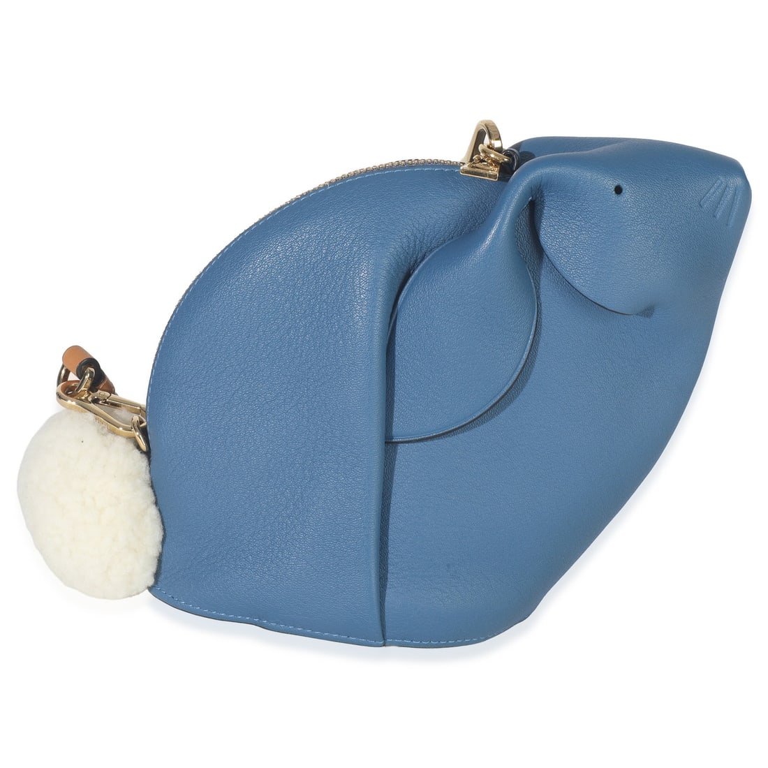 Mini Bunny Crossbody Blue Leather Shoulder Bag by Loewe with Shearling Trim: Mini Bunny Crossbody Blue Leather Shoulder Bag by Loewe with Shearling Trim This Loewe Mini Bunny Crossbody is crafted from blue calfskin leather with shearling detailing. Featuring a playful mini bun
