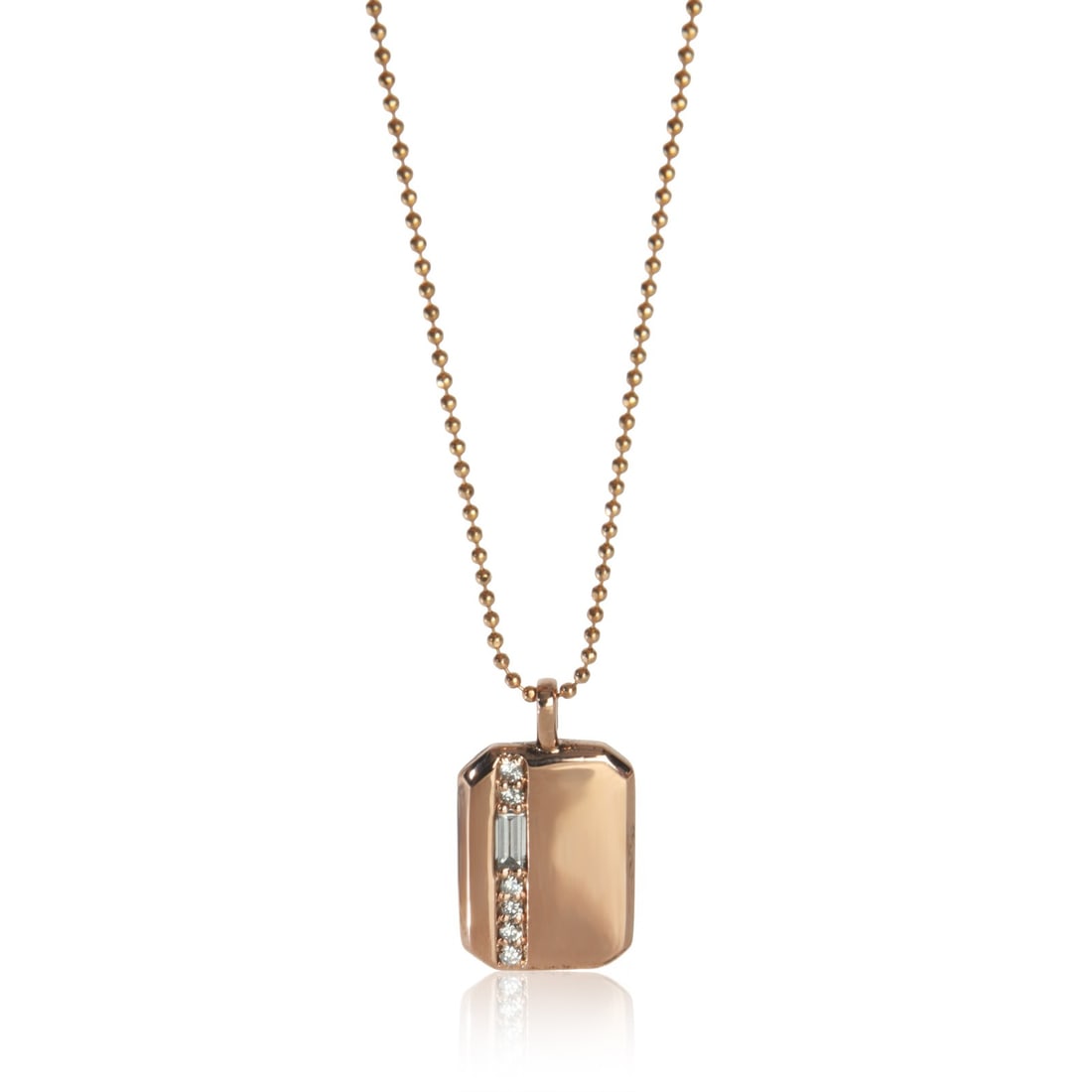 14K Rose Gold Mini Tag Pendant with Diamonds 0.16ct: 14K Rose Gold Mini Tag Pendant with Diamonds 0.16ct This 14K rose gold mini tag pendant features a mix-shaped design set with white diamonds totaling 0.16 carats. The pendant offers a refined look wit