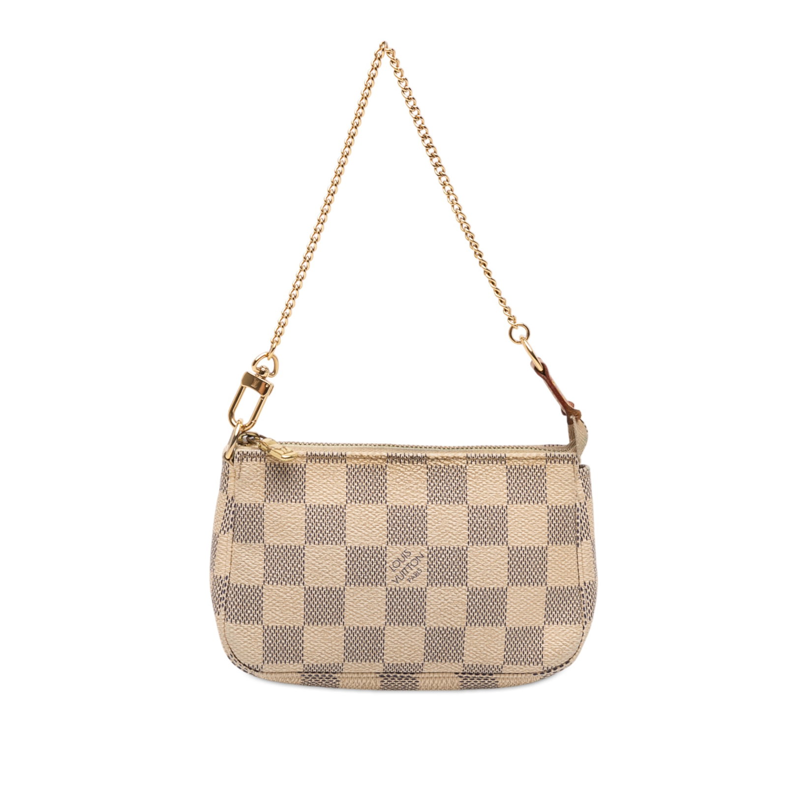 Louis Vuitton Mini Pochette Accessoires Damier Azur Canvas Bag with Chain Strap: Louis Vuitton Mini Pochette Accessoires Damier Azur Canvas Bag with Chain Strap This Louis Vuitton Damier Azur Mini Pochette Accessoires features the signature Damier canvas in white, a detachable cha