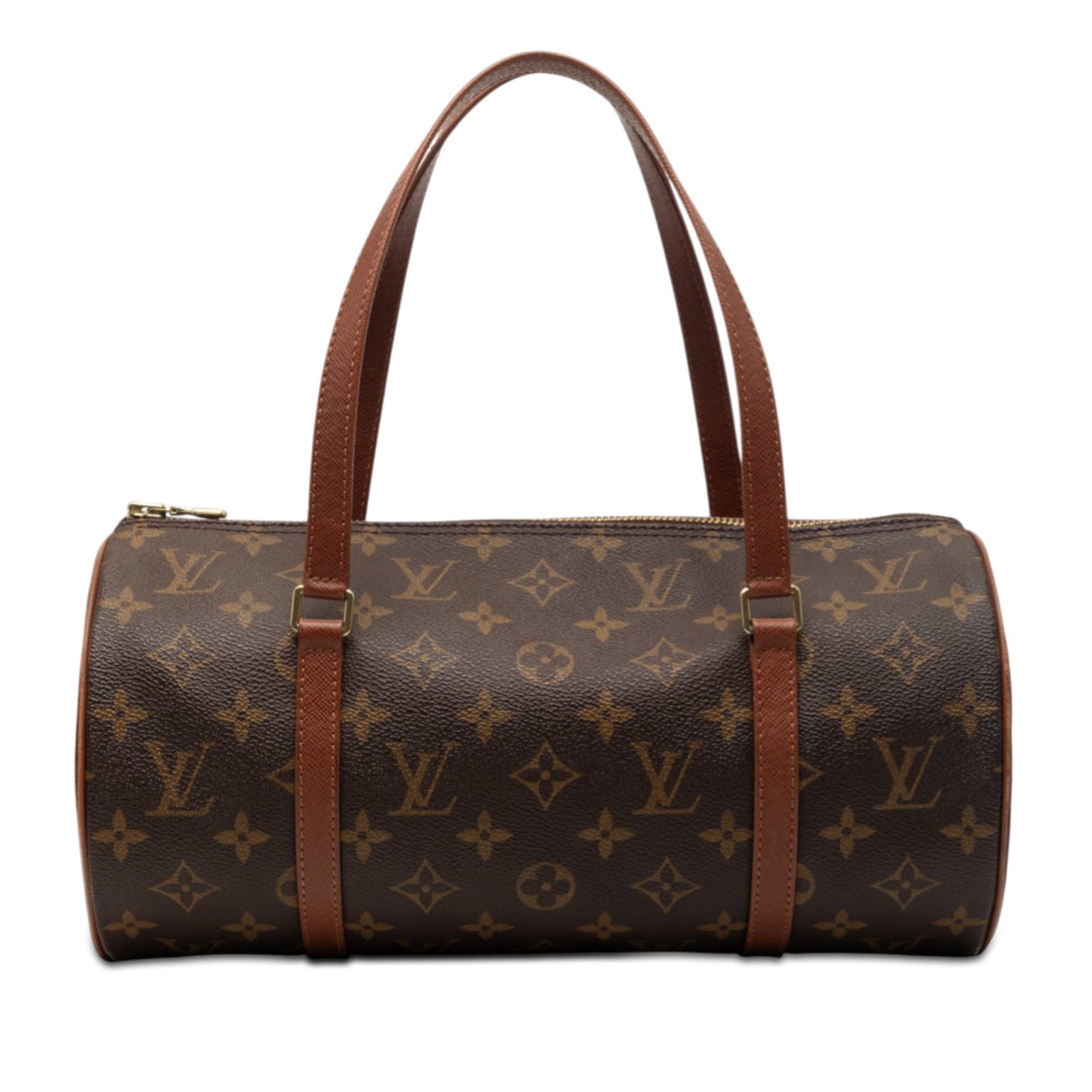 Louis Vuitton Papillon 30 Brown Monogram Canvas Handbag with Leather Handles: Louis Vuitton Papillon 30 Brown Monogram Canvas Handbag with Leather Handles The Louis Vuitton Monogram Papillon 30 features a classic monogram canvas body with flat leather handles and a top zip clos