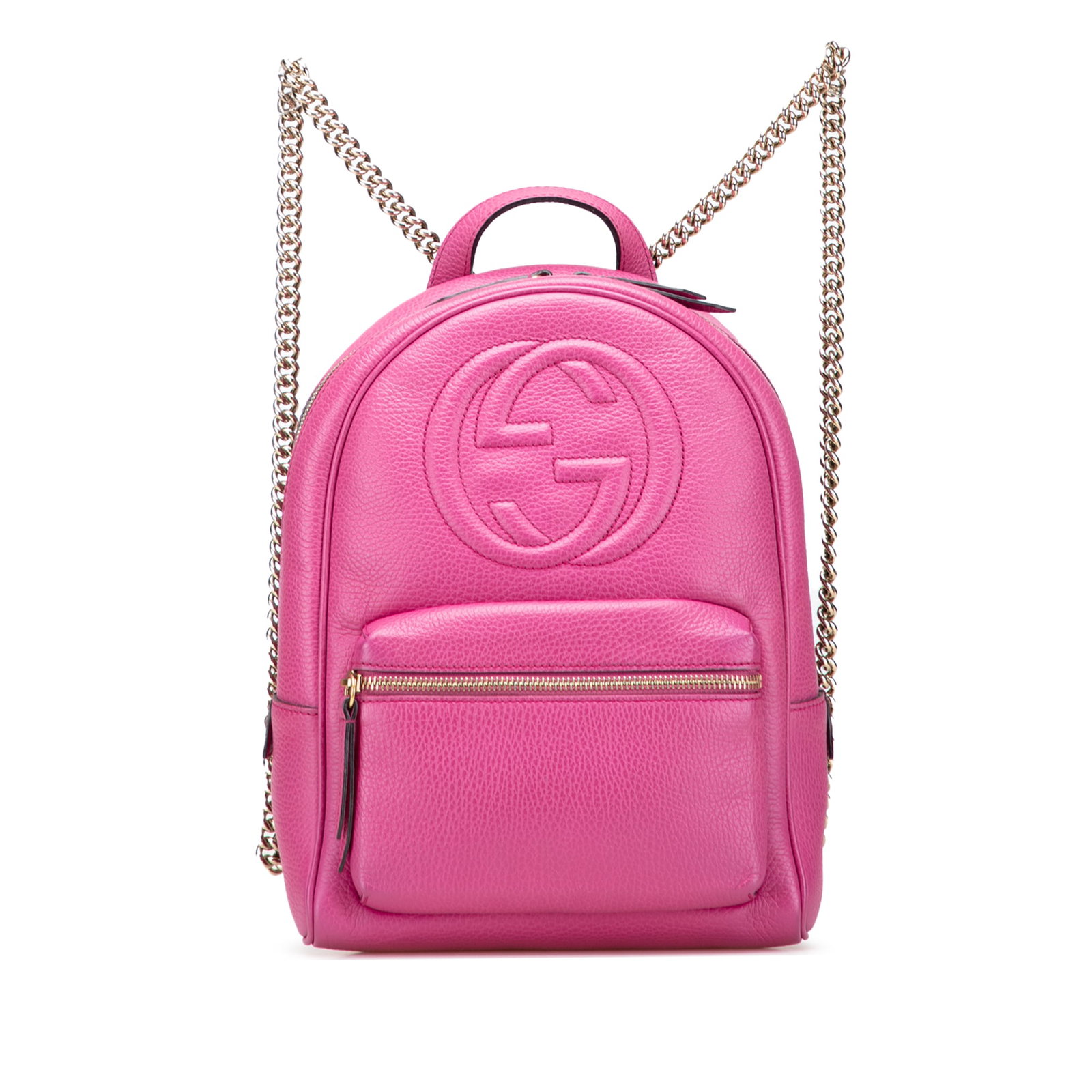 Gucci Pink Leather Soho Backpack with Gold-Toned Chain Straps: Gucci Pink Leather Soho Backpack with Gold-Toned Chain Straps This Gucci Leather Soho Backpack is a stylish and functional accessory crafted from high-quality leather. It features gold-toned chain str