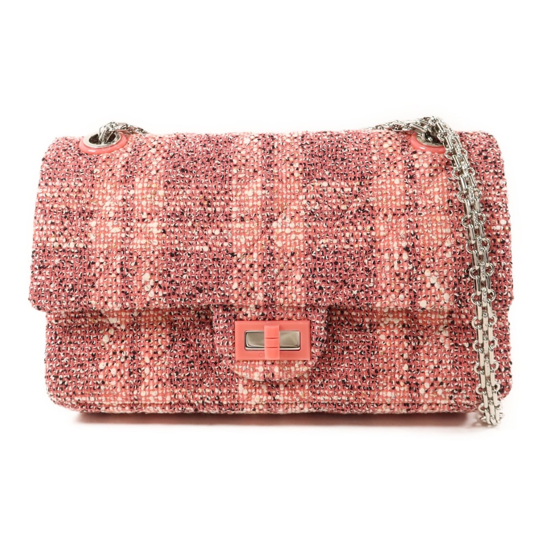 Chanel 2.55 Small Tweed Shoulder Bag Pink Black White Silver Hardware: Chanel 2.55 Small Tweed Shoulder Bag Pink Black White Silver Hardware This CHANEL 2.55 small chain shoulder bag features the iconic CC logo and a stylish combination of pink, black, and white tweed. D