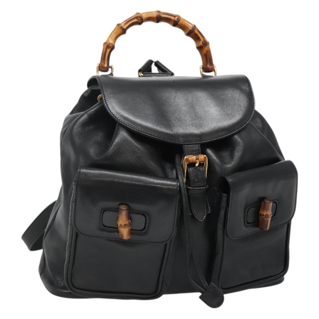 GUCCI Leather Bamboo Backpack Black Gold 003 2058 0030 Authentic: GUCCI Leather Bamboo Backpack Black Gold 003 2058 0030 Authentic Introducing the GUCCI Bamboo Backpack, a stylish accessory crafted from high-quality leather in a striking black and gold color combina