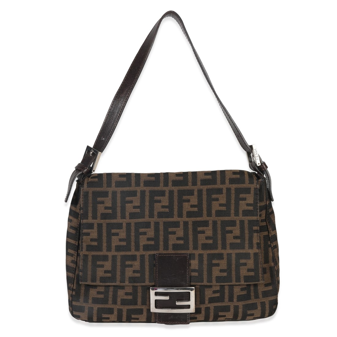 Fendi Mama Baguette Zucca Brown Canvas Shoulder Bag with Dustbag: Fendi Mama Baguette Zucca Brown Canvas Shoulder Bag with Dustbag This Fendi Brown Zucca Canvas Mama Baguette Bag features the iconic Zucca FF pattern in brown canvas with matching brown canvas lining.