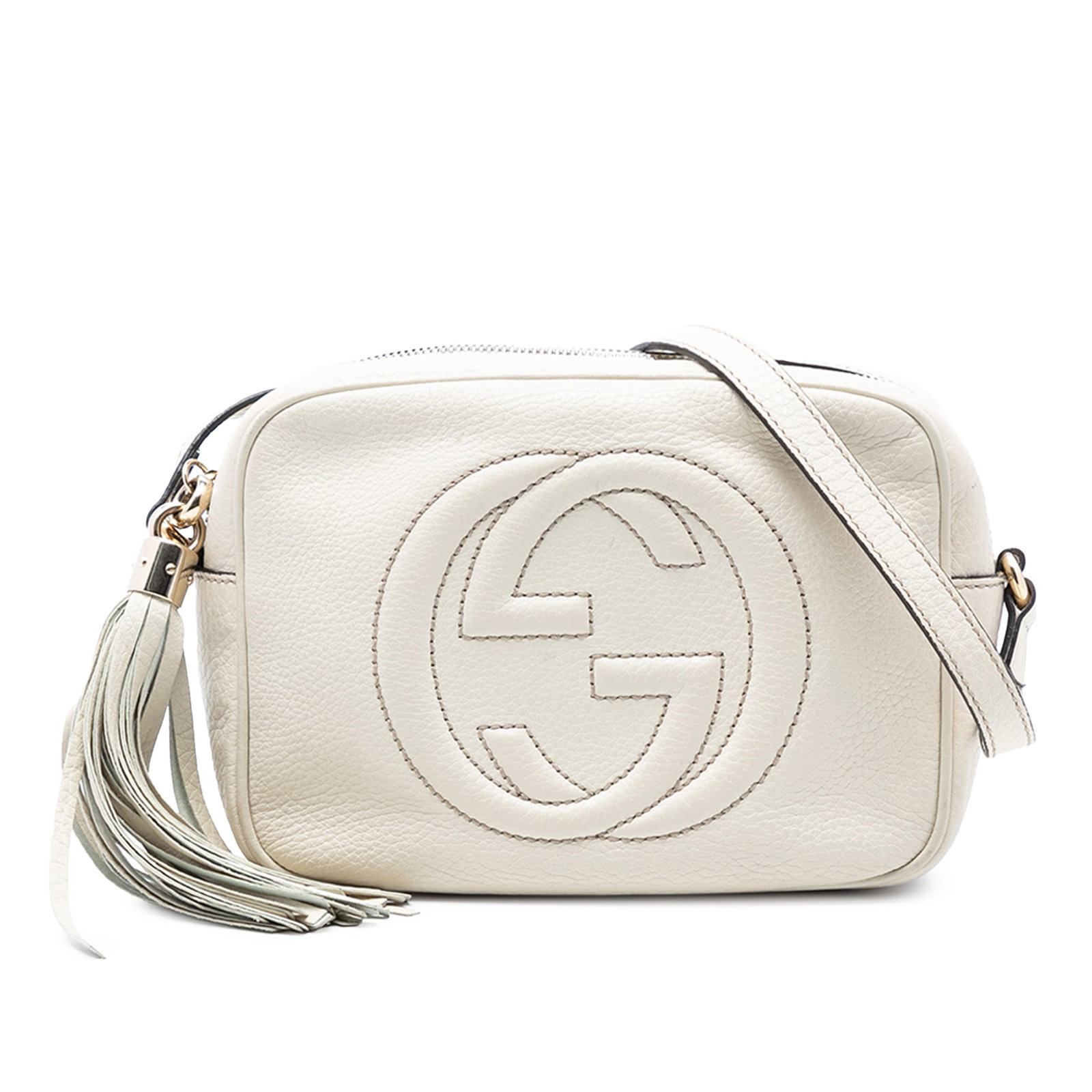 Gucci Soho Disco White Leather Crossbody Bag with Tassel Detail: Gucci Soho Disco White Leather Crossbody Bag with Tassel Detail This Gucci Soho Disco Crossbody features a white leather body with an adjustable flat leather strap and a tassel detail. It is designed 
