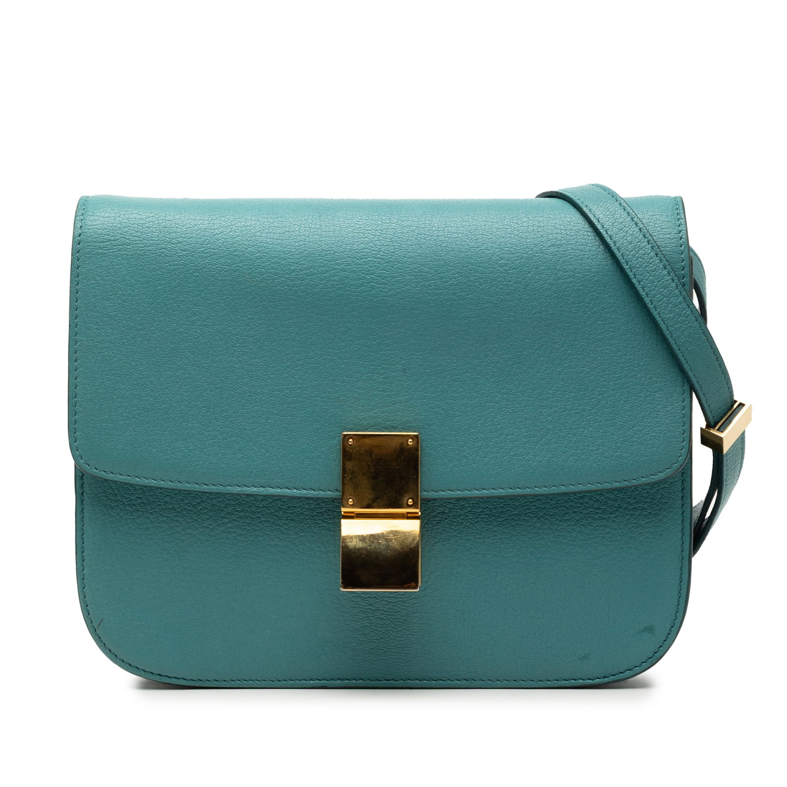 Celine Classic Box Medium Blue Leather Crossbody Bag with Flap and Strap: Celine Classic Box Medium Blue Leather Crossbody Bag with Flap and Strap This Celine Medium Calfskin Classic Box is a blue leather crossbody bag featuring a detachable and adjustable flat leather stra