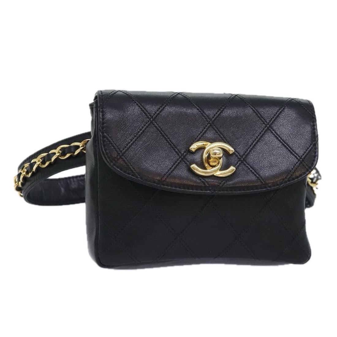 Chanel Bicolore Black Leather Chain Waist Bag with Gold CC Logo: Chanel Bicolore Black Leather Chain Waist Bag with Gold CC Logo This CHANEL Bicolore waist bag features a sophisticated black leather exterior with gold-tone accents and the iconic CC logo. Designed f