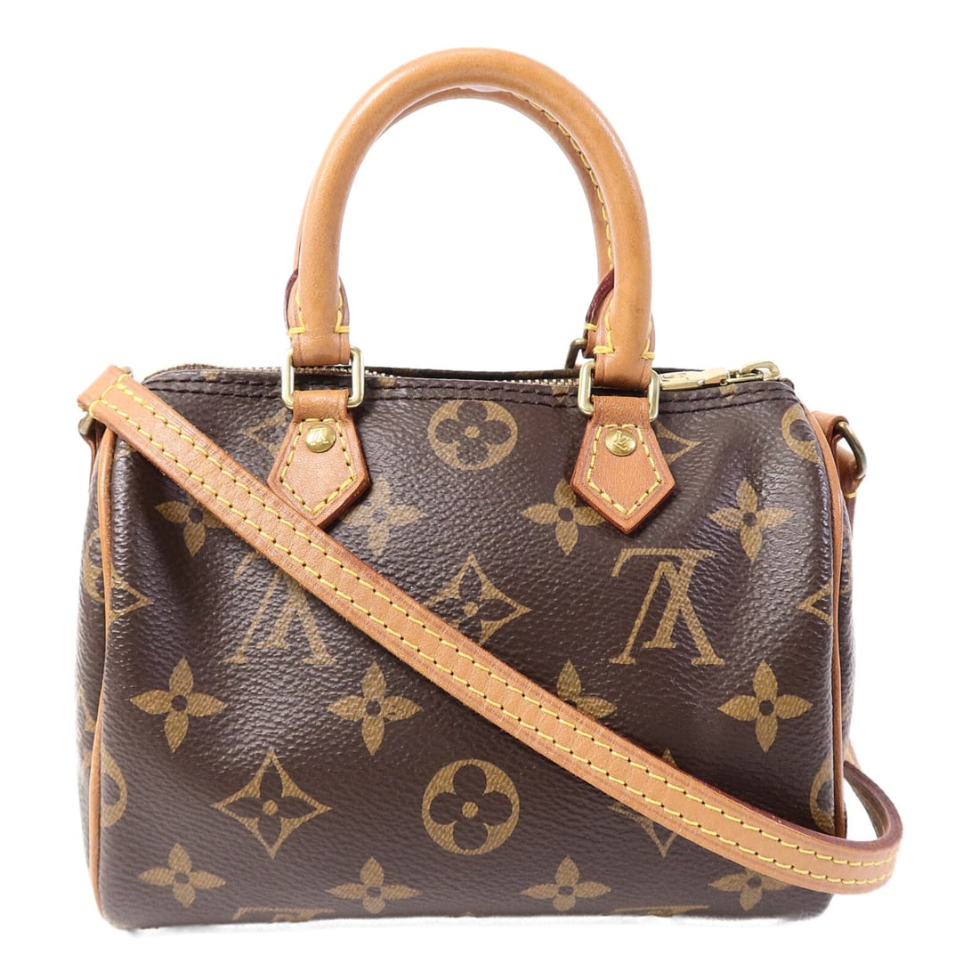 Louis Vuitton Nano Speedy Monogram Brown GHW 2 Way Bag M61252: Louis Vuitton Nano Speedy Monogram Brown GHW 2 Way Bag M61252 This Louis Vuitton Nano Speedy 2 Way Bag features the iconic Monogram pattern in brown on PVC coated canvas. Designed for versatility, it 