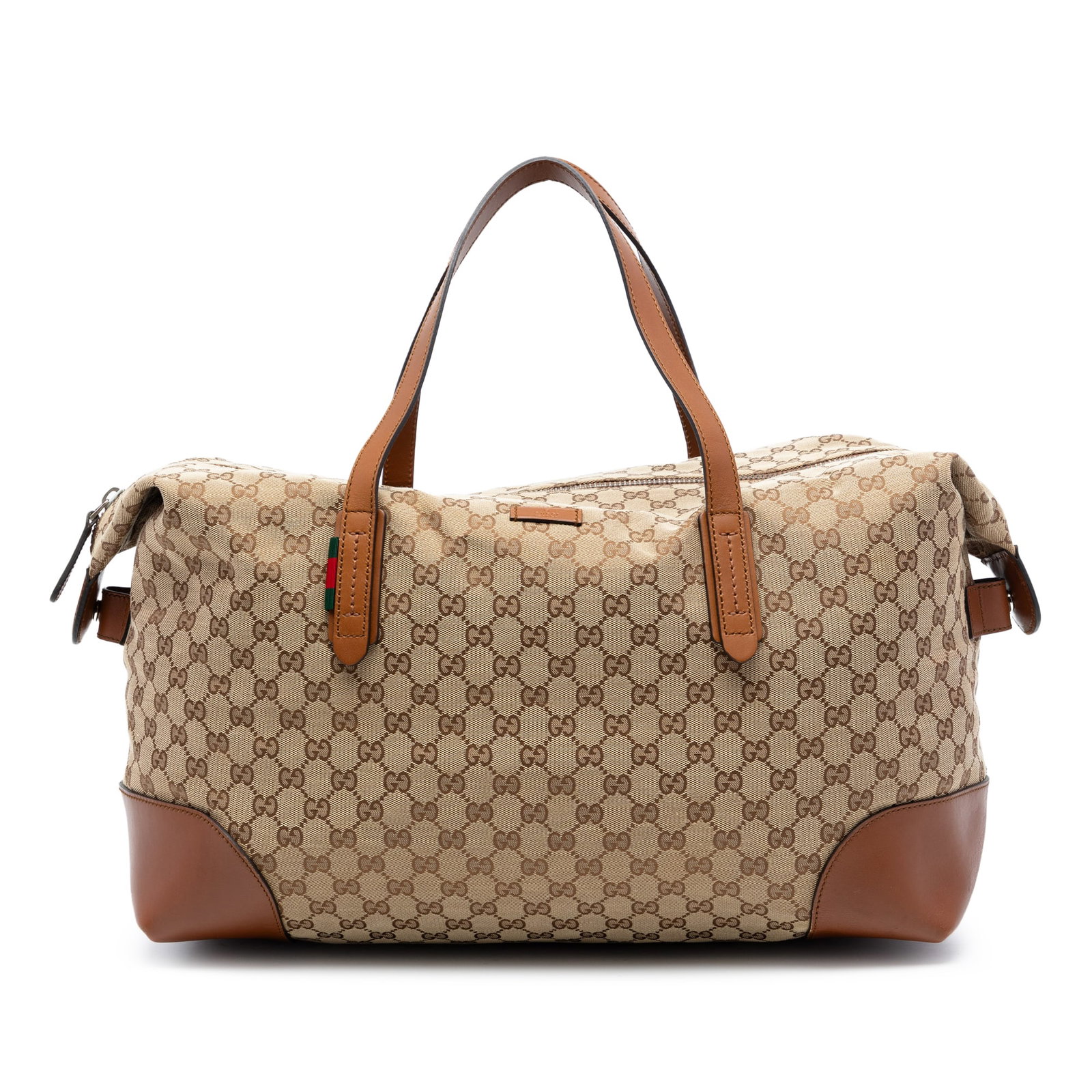 Gucci Beige GG Canvas Web Large Travel Tote with Leather Trim: Gucci Beige GG Canvas Web Large Travel Tote with Leather Trim This Gucci GG Canvas Web Travel Bag features a canvas body with leather trim and signature web detail. It is designed with flat leather st