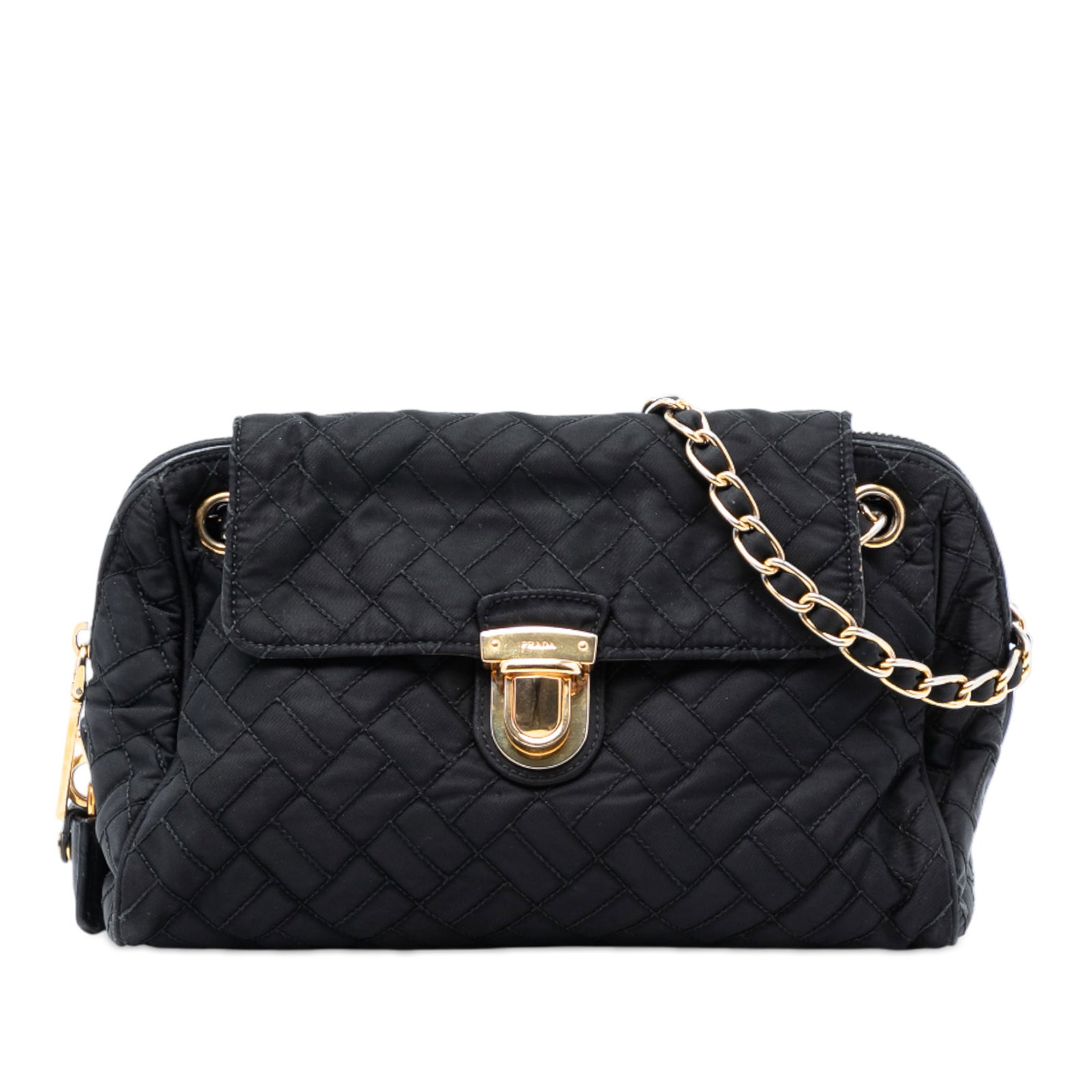 Black Quilted Nylon Crossbody Bag with Chain Strap by Prada Impuntu Tessuto: Black Quilted Nylon Crossbody Bag with Chain Strap by Prada Impuntu Tessuto This Prada Impuntu Tessuto Chain Crossbody bag showcases a quilted nylon body in black, complemented by a nylon woven chain 