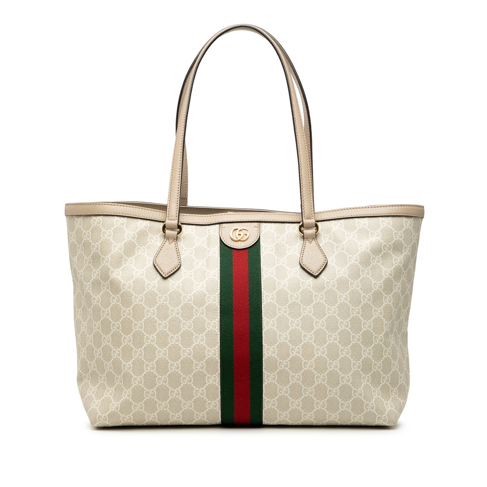 Gucci Ophidia Medium Tote Bag GG Supreme Canvas and Leather Trim: Gucci Ophidia Medium Tote Bag GG Supreme Canvas and Leather Trim This Gucci Medium GG Supreme Ophidia Tote features a coated canvas body with leather trim, flat leather shoulder straps, an open top