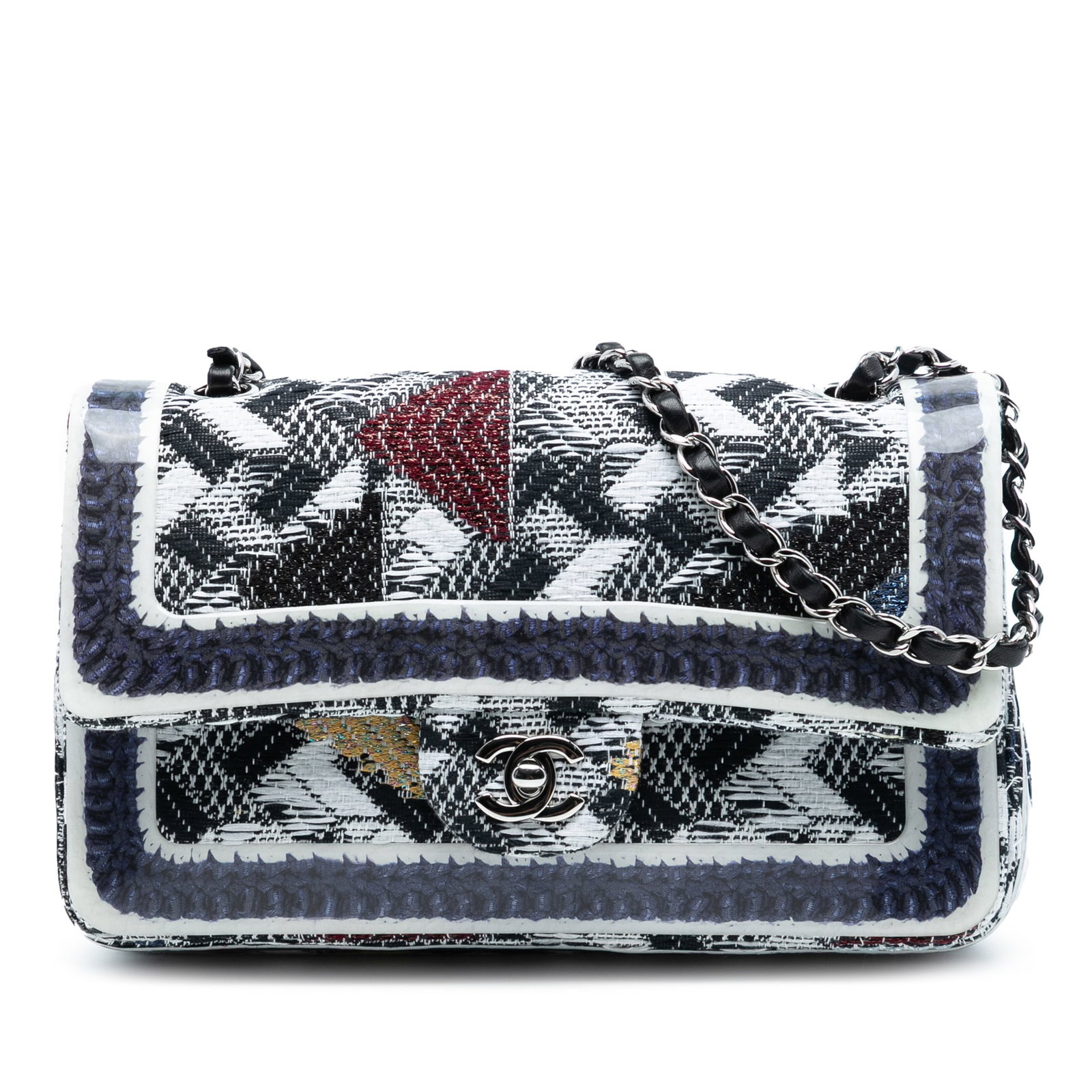 Chanel Medium Classic Tweed Silicone Double Flap Shoulder Bag Blue: Chanel Medium Classic Tweed Silicone Double Flap Shoulder Bag Blue This Chanel Medium Classic Tweed and Silicone Double Flap shoulder bag features a quilted tweed body, leather-woven chain-link should