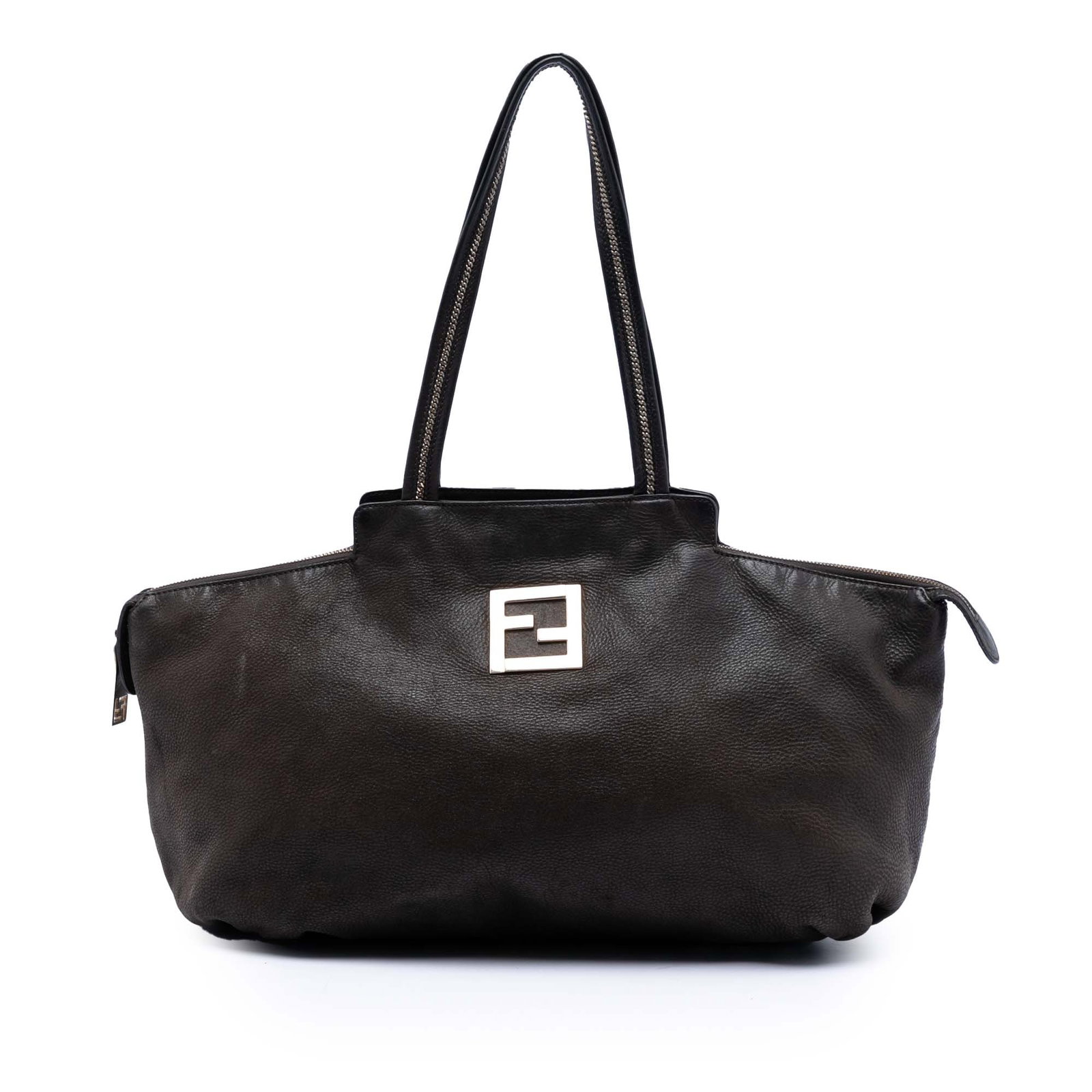 Fendi Medium Tote Bag in Nubuck Leather with Chain Detail: Fendi Medium Tote Bag in Nubuck Leather with Chain Detail This Fendi Medium FF Nubuck Chains Tote showcases a brown nubuck leather body with flat leather straps featuring chain link hardware details. 