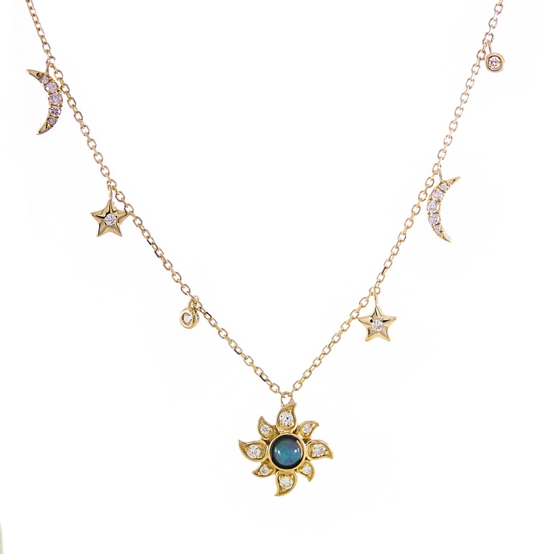 Sun Moon and Stars 14K Yellow Gold Necklace with Opal and Diamonds: Sun Moon and Stars 14K Yellow Gold Necklace with Opal and Diamonds This women's necklace features a round brilliant pendant adorned with a white opal as the main stone and accented by diamonds. Crafte