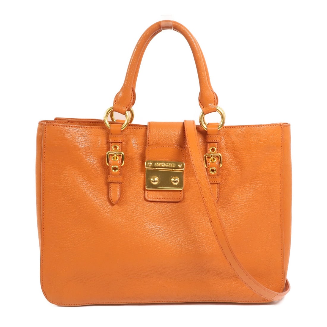 Miu Miu Orange Calfskin 2-Way Shoulder Bag with Gold Hardware: Miu Miu Orange Calfskin 2-Way Shoulder Bag with Gold Hardware This Miu Miu 2-way shoulder bag features luxurious calfskin leather in a vibrant orange color. Designed for women, it offers versatile car